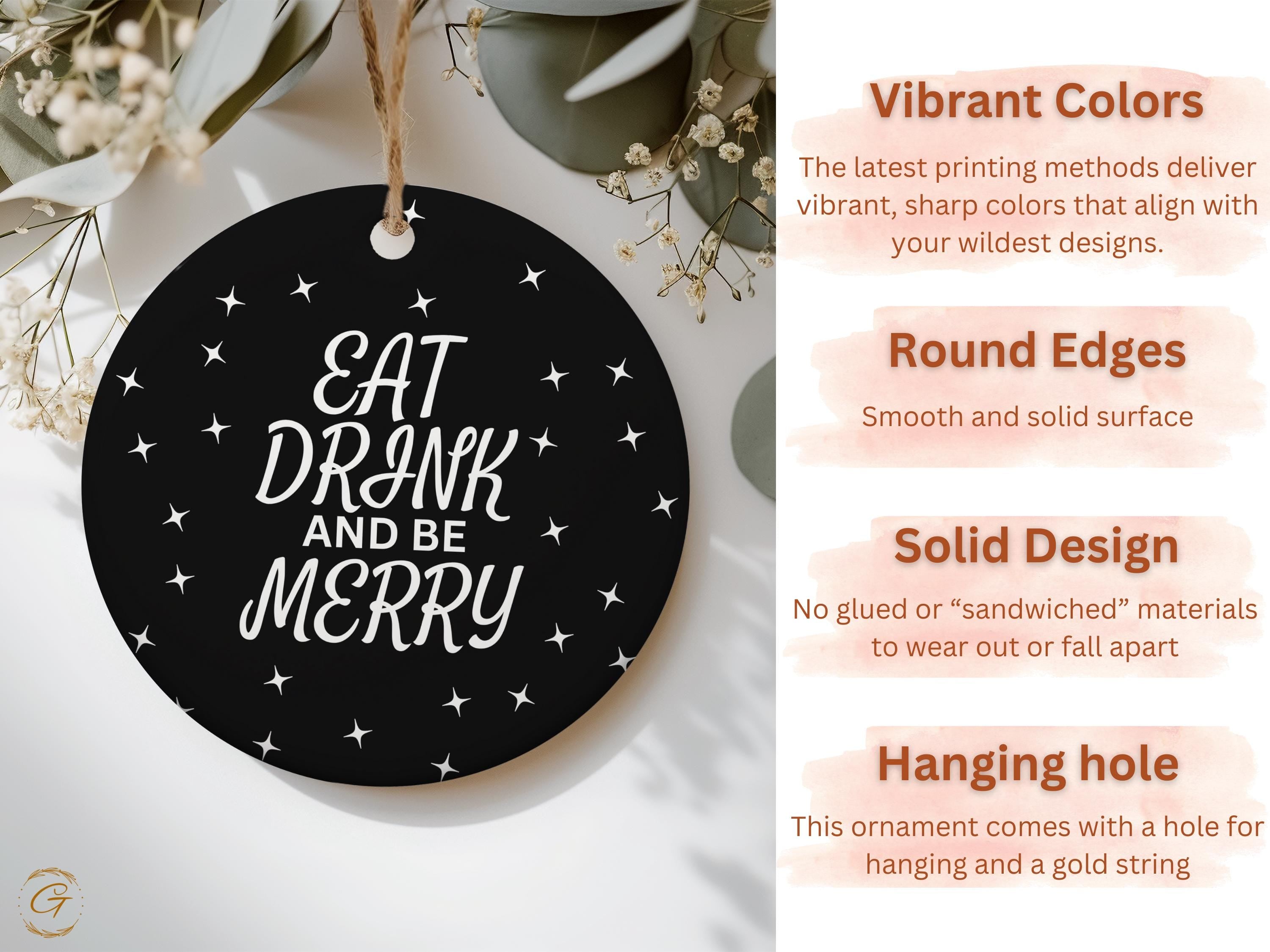Eat Drink and Be Merry Ornament, Holiday Decor, Christmas Tree Decoration, Festive Ornament, Holiday Cheer, Seasonal Ornament, Keepsake Gift