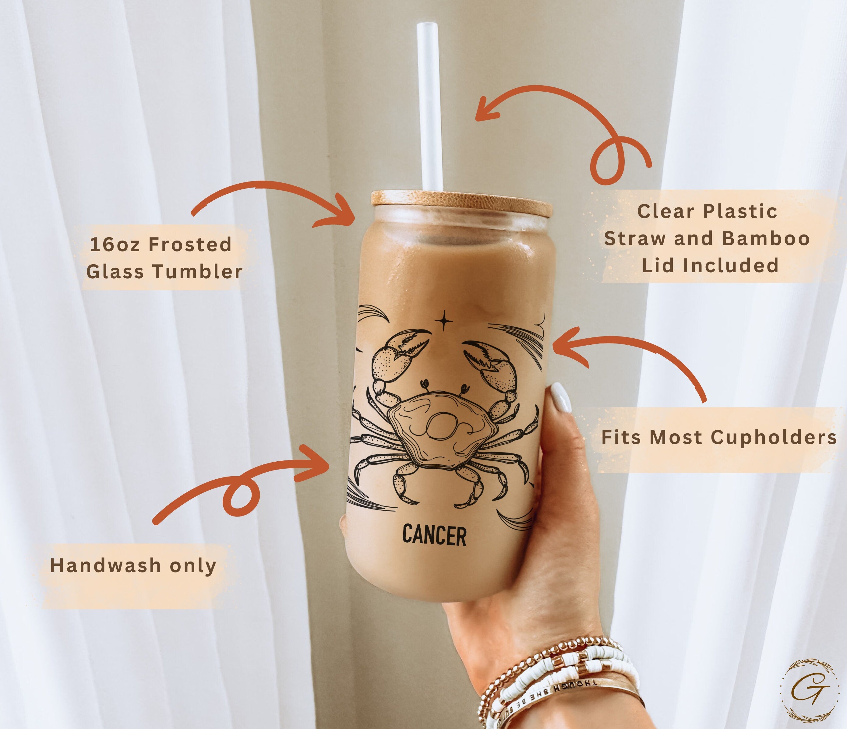 Cancer Zodiac Sign Frosted Glass Cup Cancer Astrology Libbey Glass