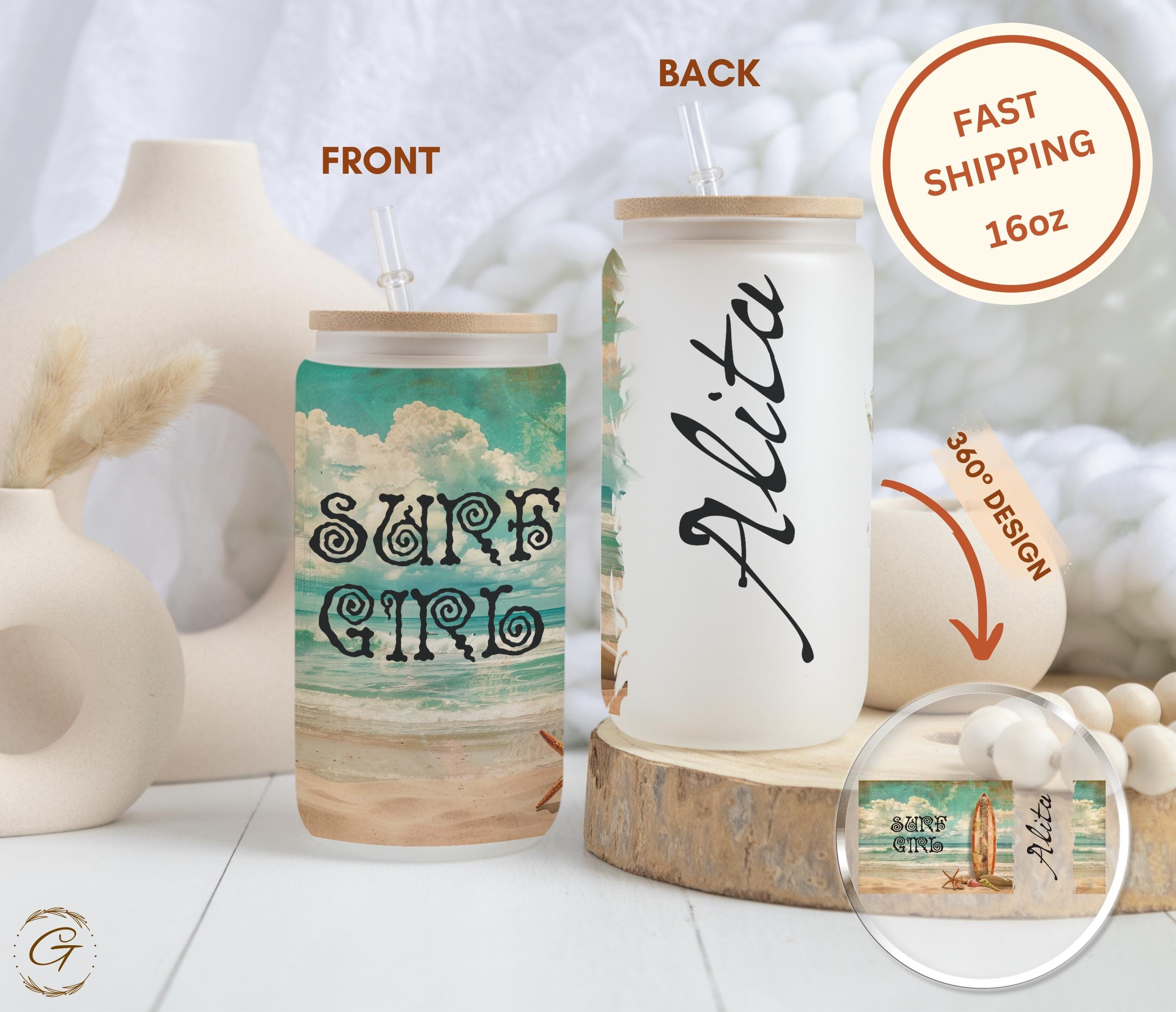 Surf Girl Beach Frosted Glass Cup, Personalized Libbey Cup