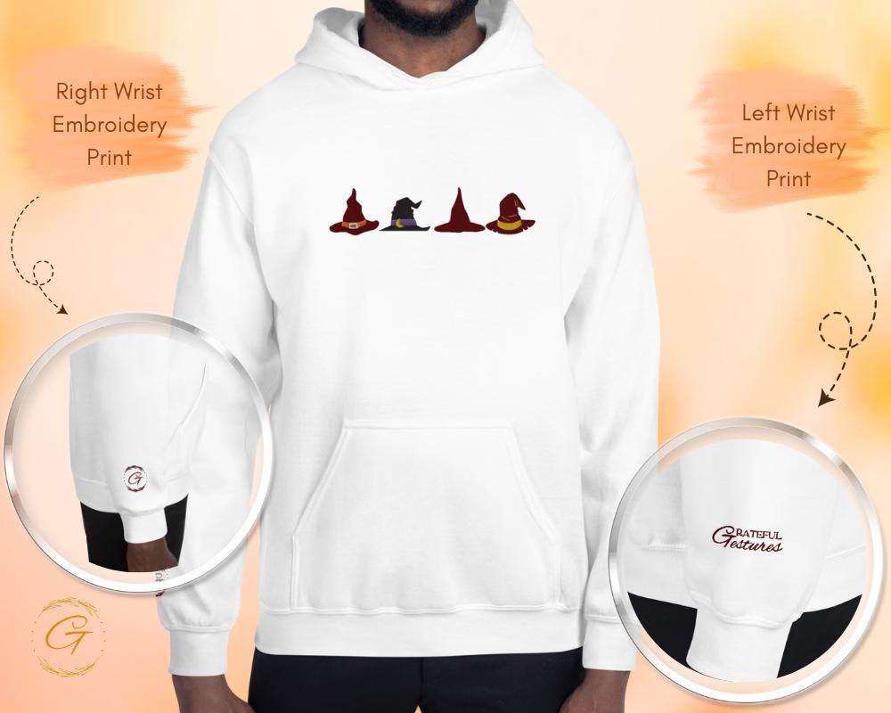 Halloween Hoodie, Stylish Embroidery Design Hooded Sweatshirt, Unique Hooded Pullover, Wizard Hat Graphic Hooded Sweatshirt, Cozy Hooded Top