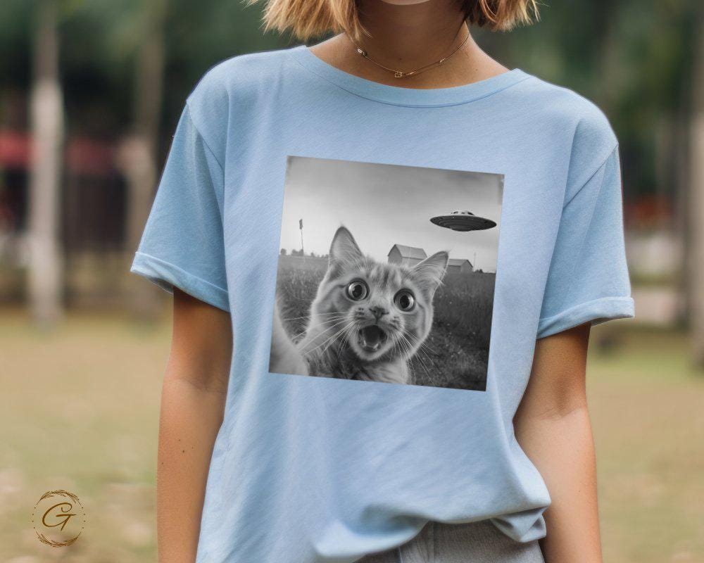 Cute Alien Encounter Cat Design T-Shirt, Funny Cat with UFO Tee