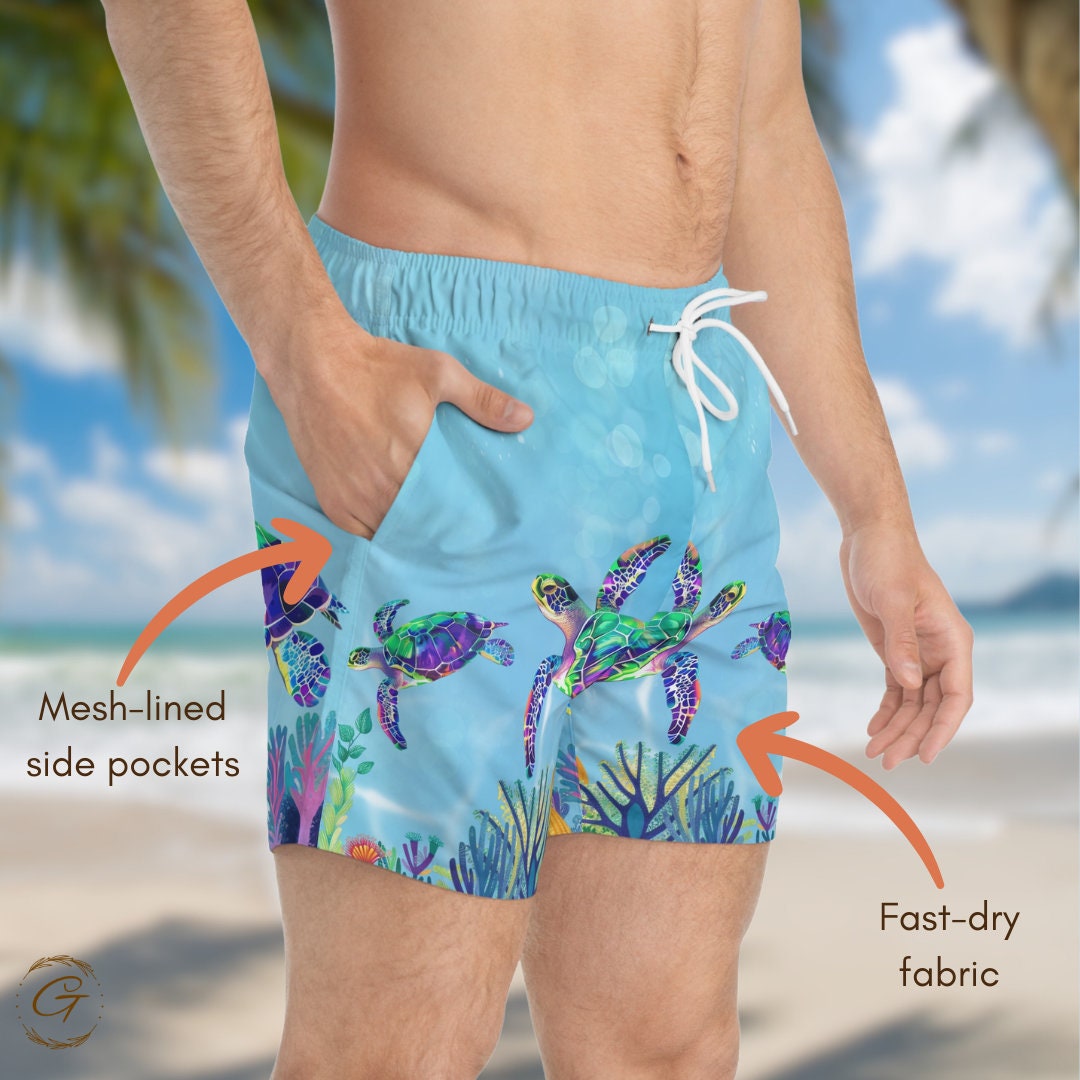 Turtles and Corals AOP Swim Trunks, Vibrant Beachwear for Summer, Perfect for Beach Days Great Summer Gift Ideal for Pool or Beach Gift Idea