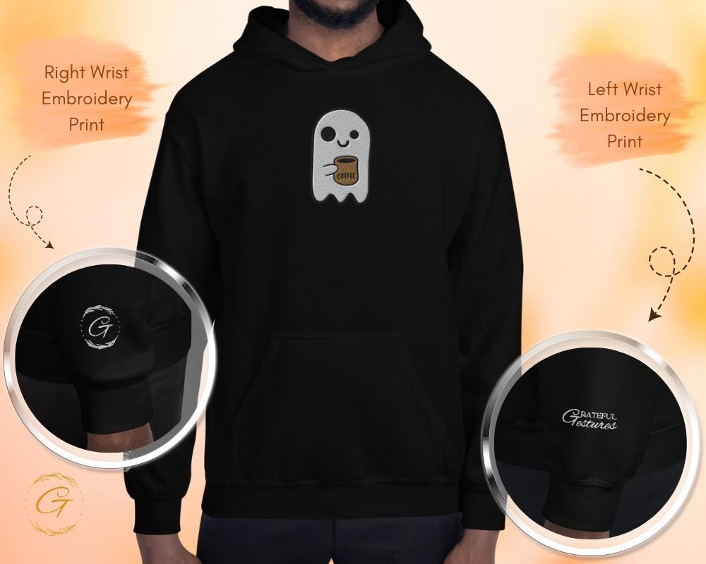 Halloween Hoodie, Embroidery Design Ghost Holding Coffee Mug Hoodie,  Halloween Ghost with Coffee Pullover, Fun Ghost Graphic Hooded Sweater