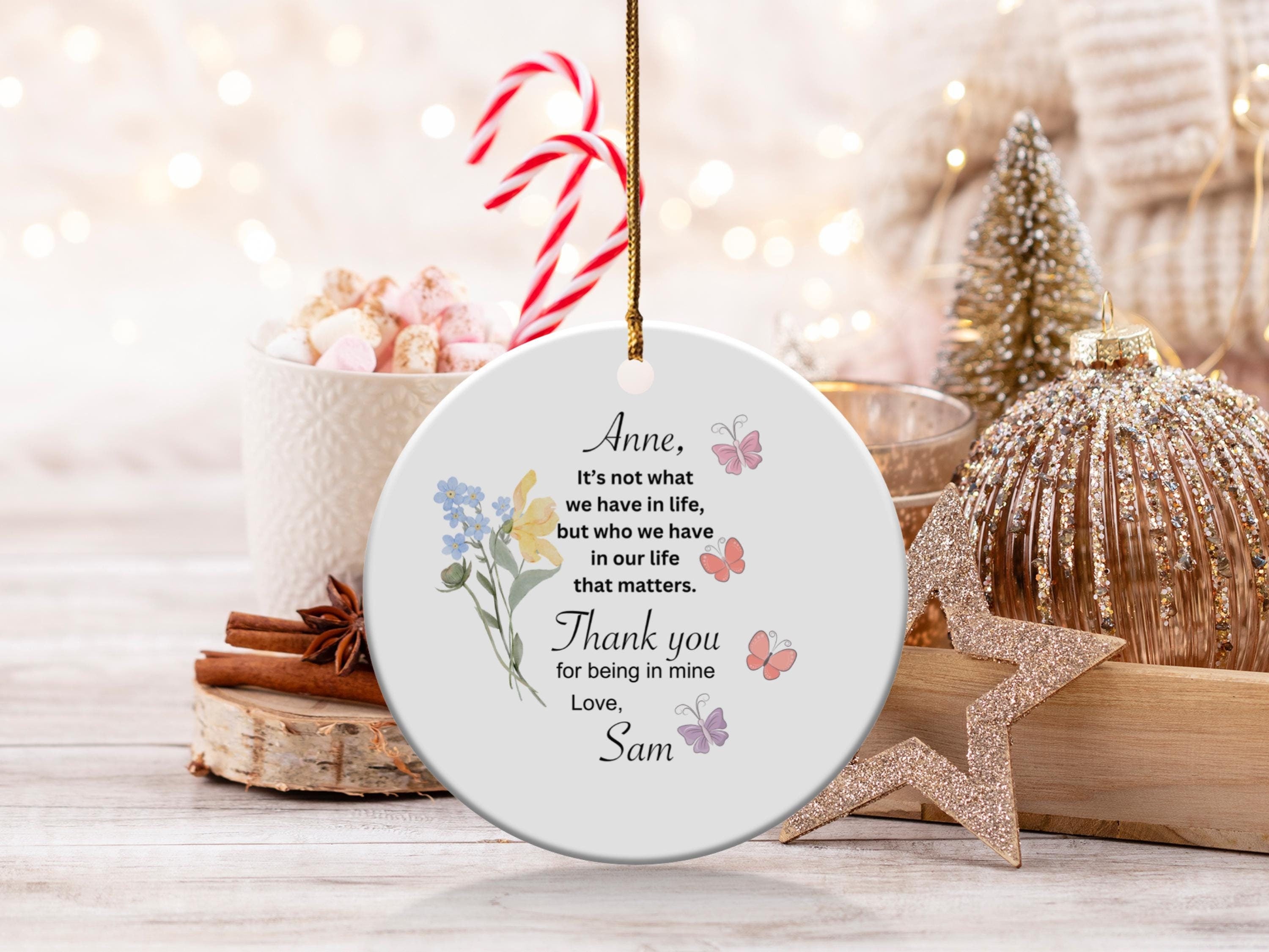 Personalized Friend Keepsake Ornament Unique Gift for Loved Ones, Butterfly Flower Decoration, Meaningful Thank You Present Custom Name Gift
