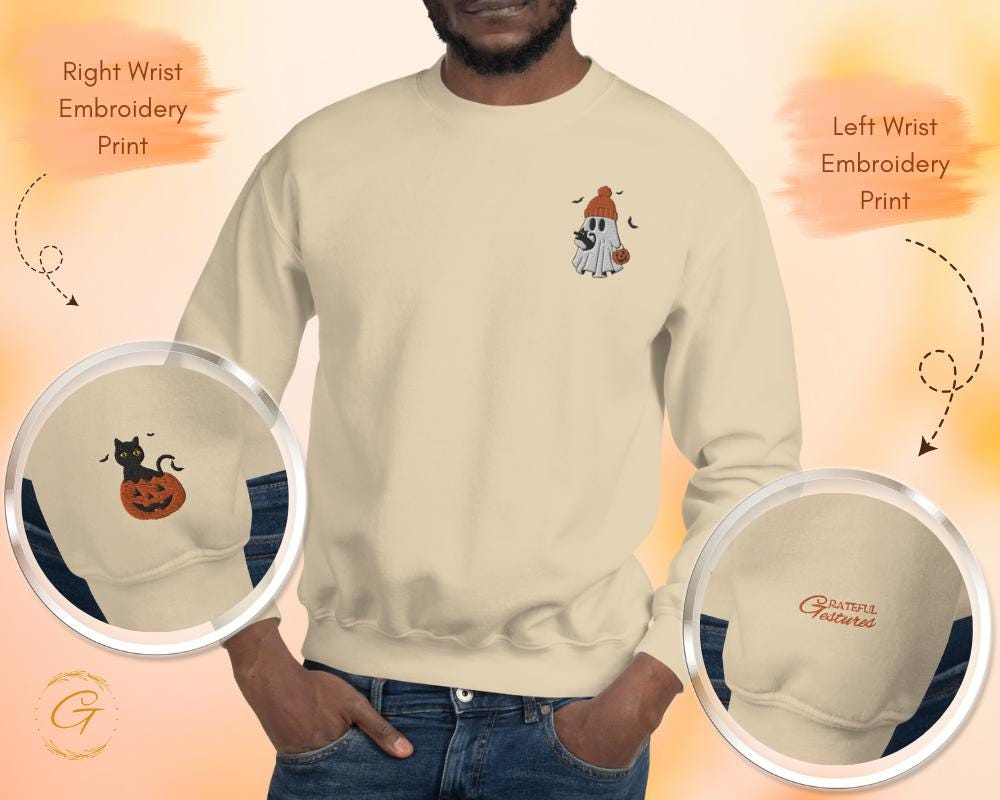 Halloween Sweatshirt Ghost with Cat and Pumpkin Graphic, Halloween Themed Ghost Sweater, Spooky Pumpkin Crewneck Pullover Gift for Halloween
