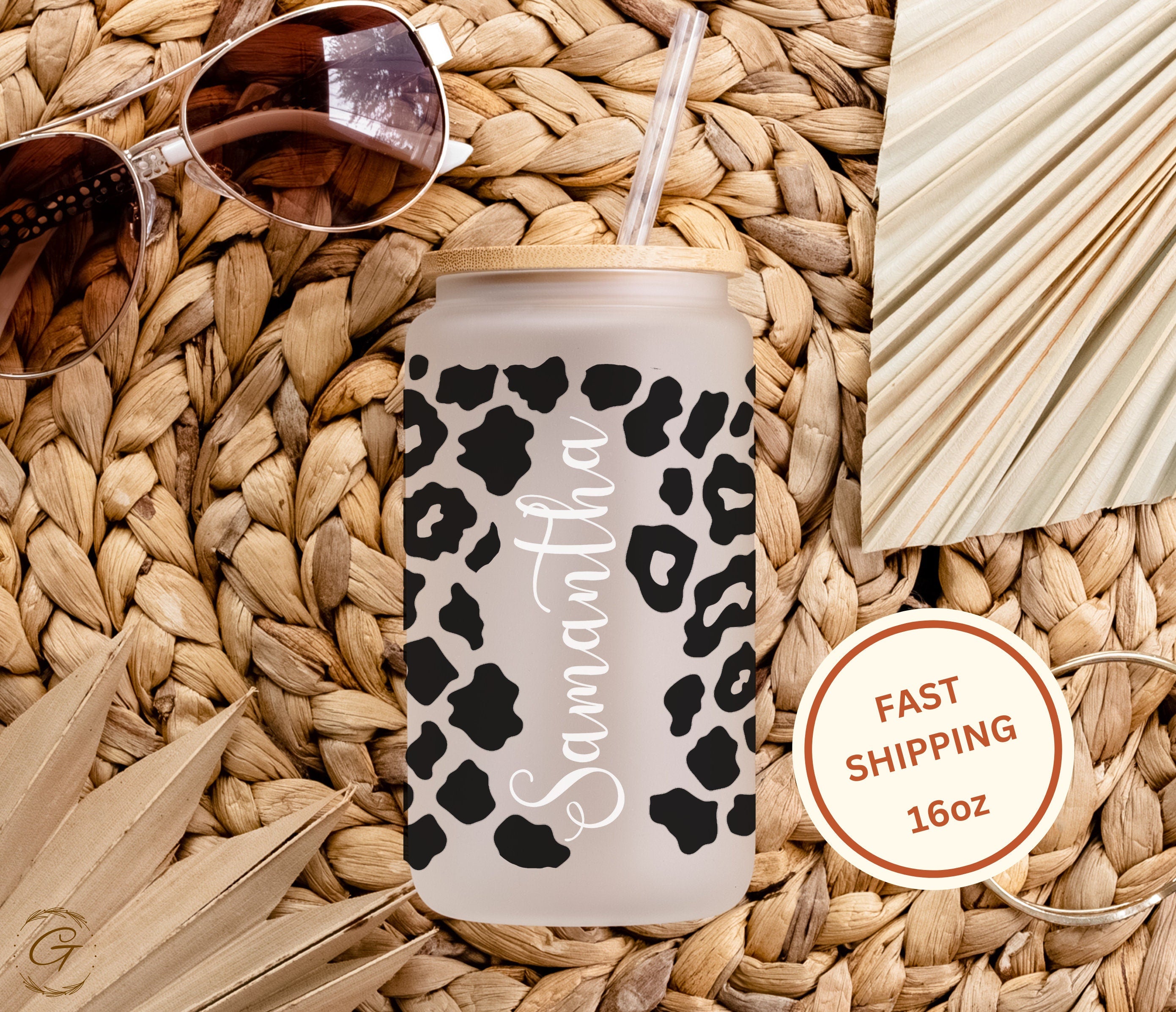 Custom Name Leopard Print Frosted Glass Tumbler