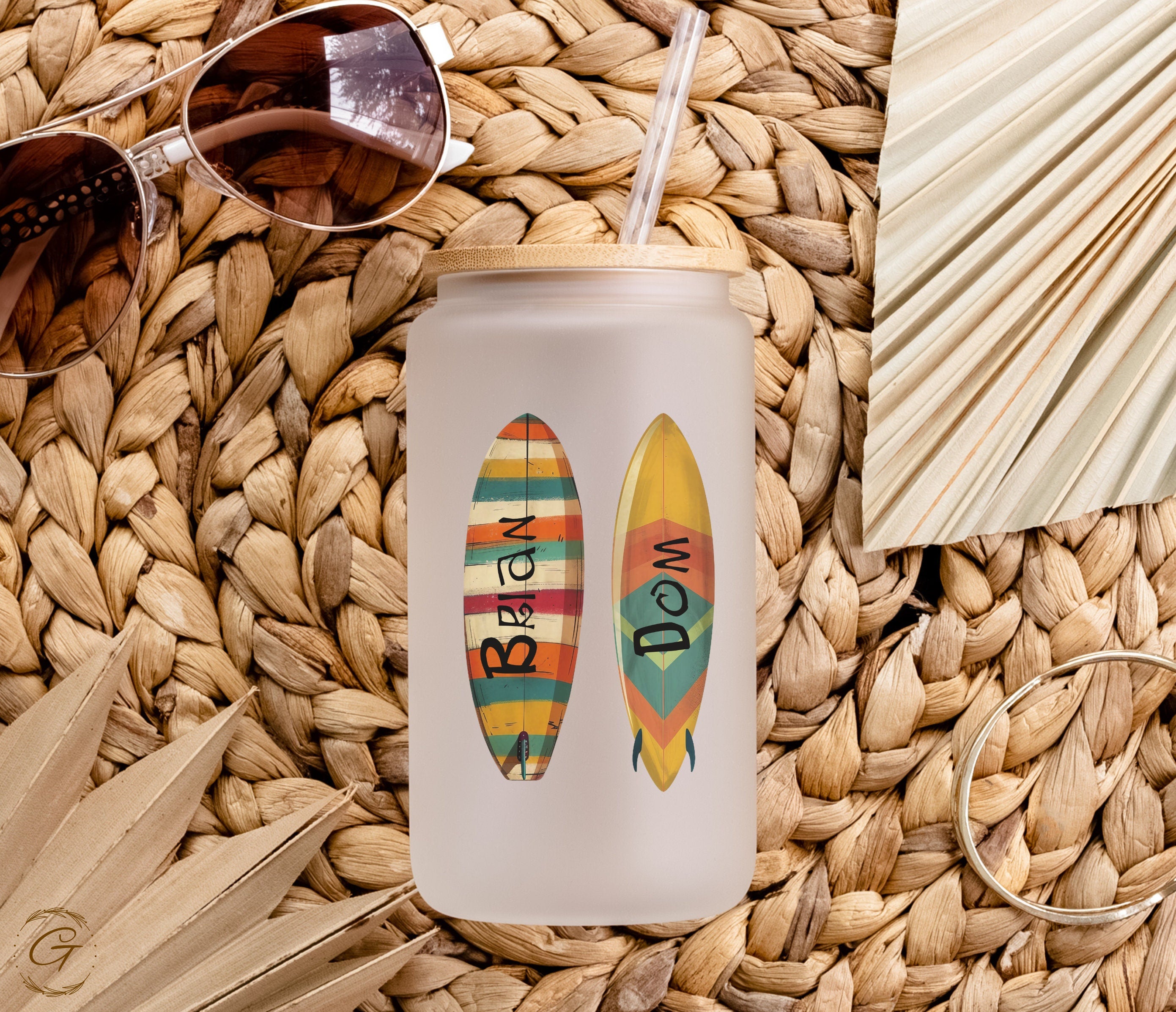 Surf Buddies Colorful Surfboard Design Frosted Glass Cup