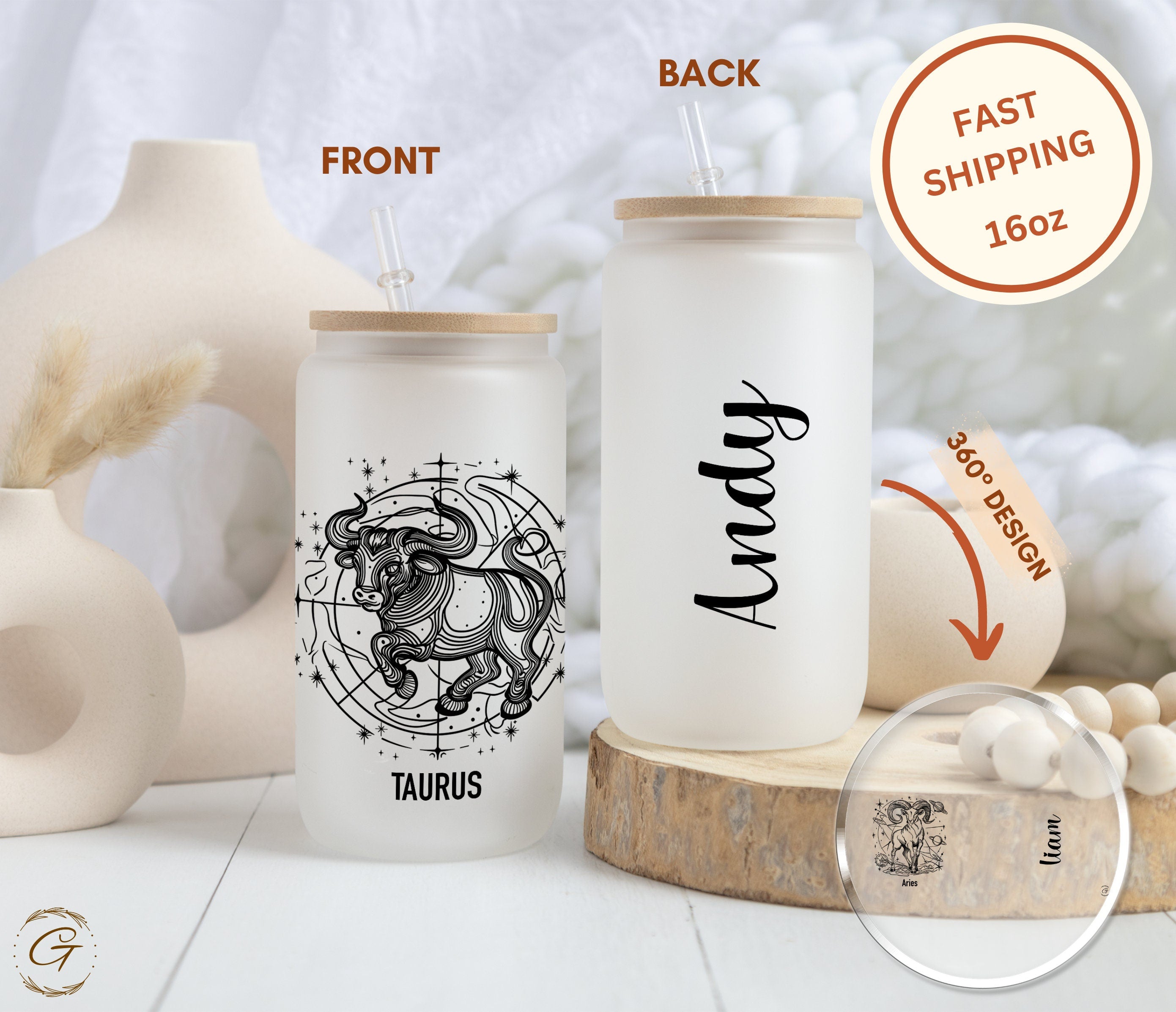 Zodiac Taurus Frosted Glass Cup, Astrology Bull Print Libbey Cup Custom Name
