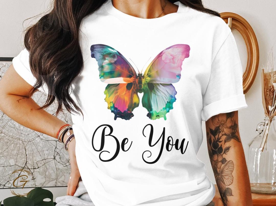 Inspirational Butterfly Graphic T-Shirt, Colorful Be You Design Tee