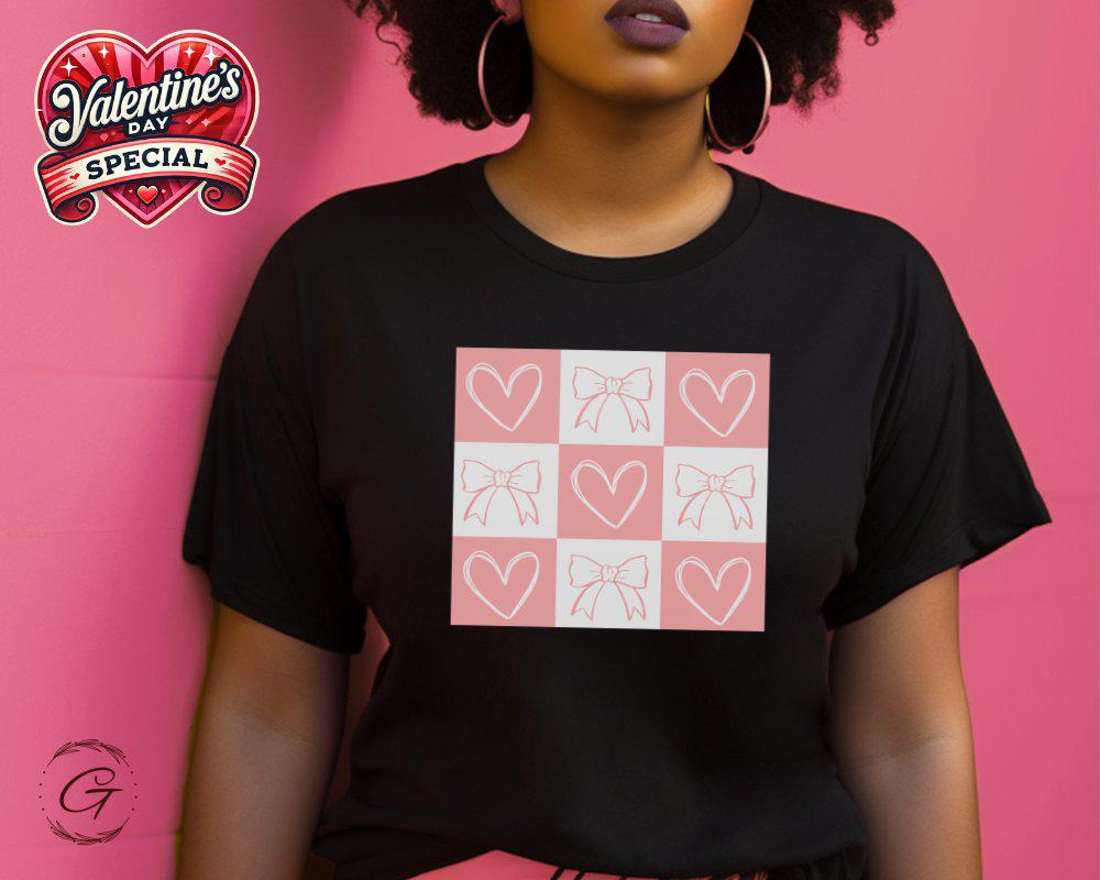 Valentines T-Shirt, Checkered Cute Bow and Heart Tee