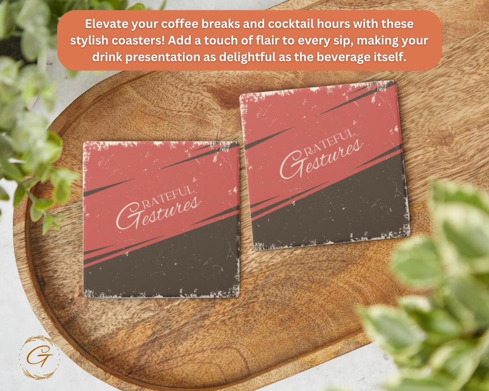 Soapstone Coaster with Grateful Gestures Retro with Red & Brown Design Cork Backing, Vintage Style, Perfect for Home Decor, Unique Gift Idea