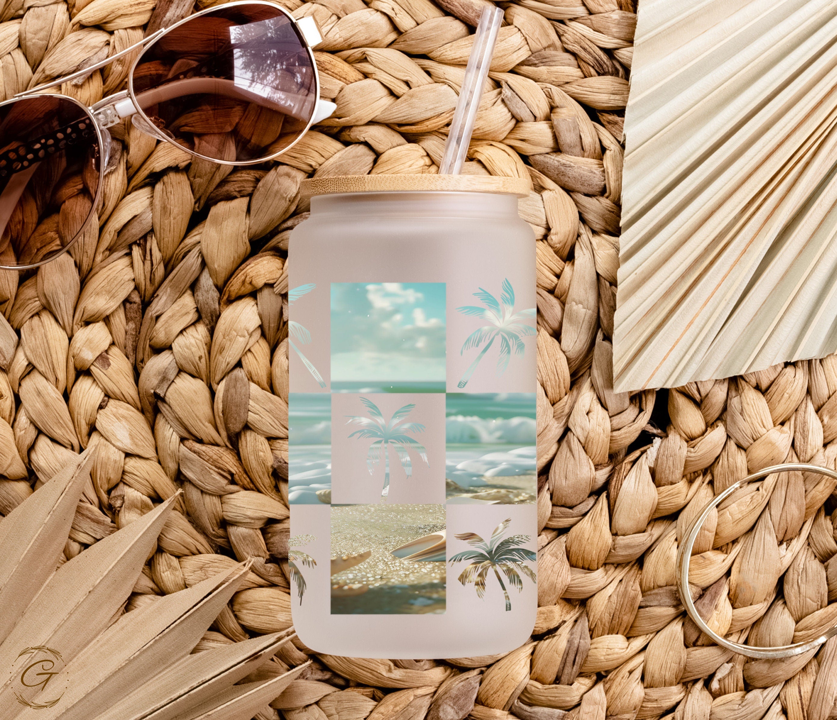 Tropical Checkered Beach Design Frosted Glass Cup