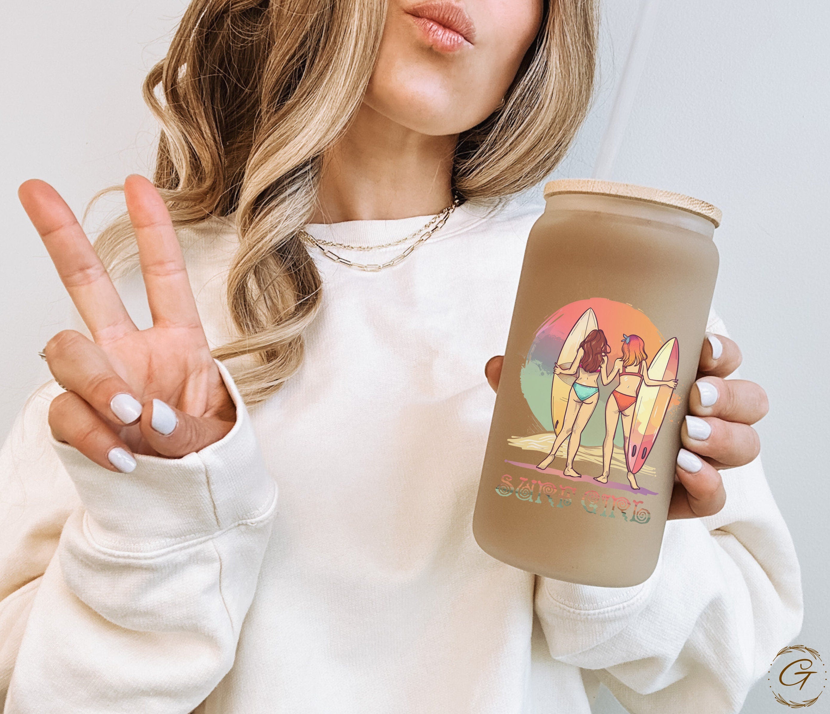Retro Surf Girls Design Personalized Name Frosted Glass Cup