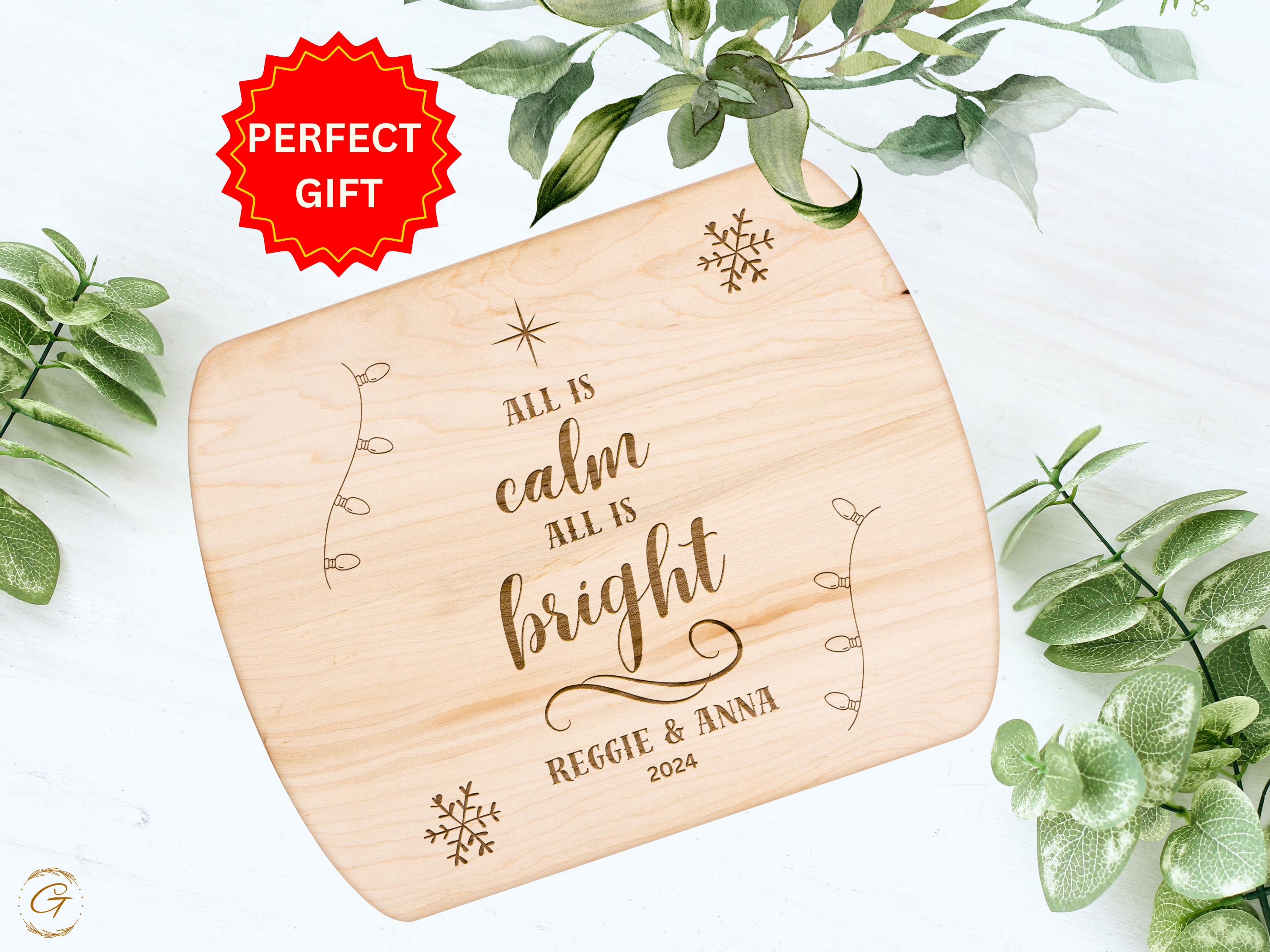 Personalized Hardwood Oval Cutting Board - All Is Calm All Is Bright Xmas Decor- Custom Christmas Gift for Couples, Wedding, or Housewarming
