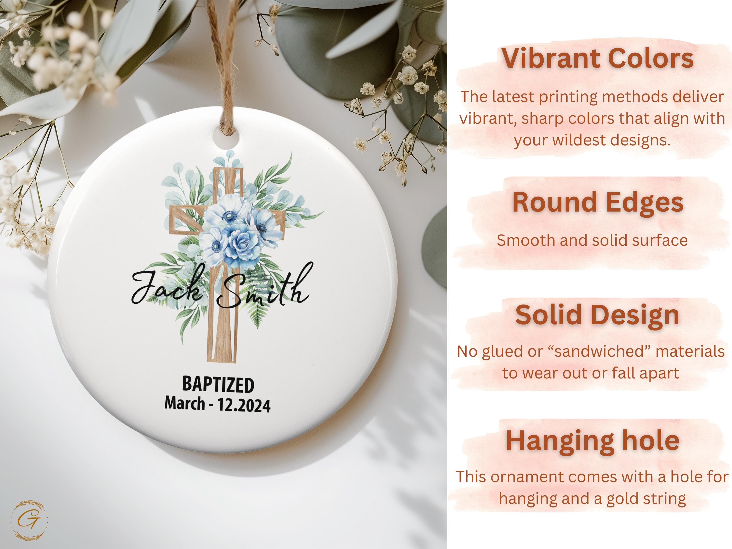 Personalized Baptism Ornament, Cross with Floral Design
