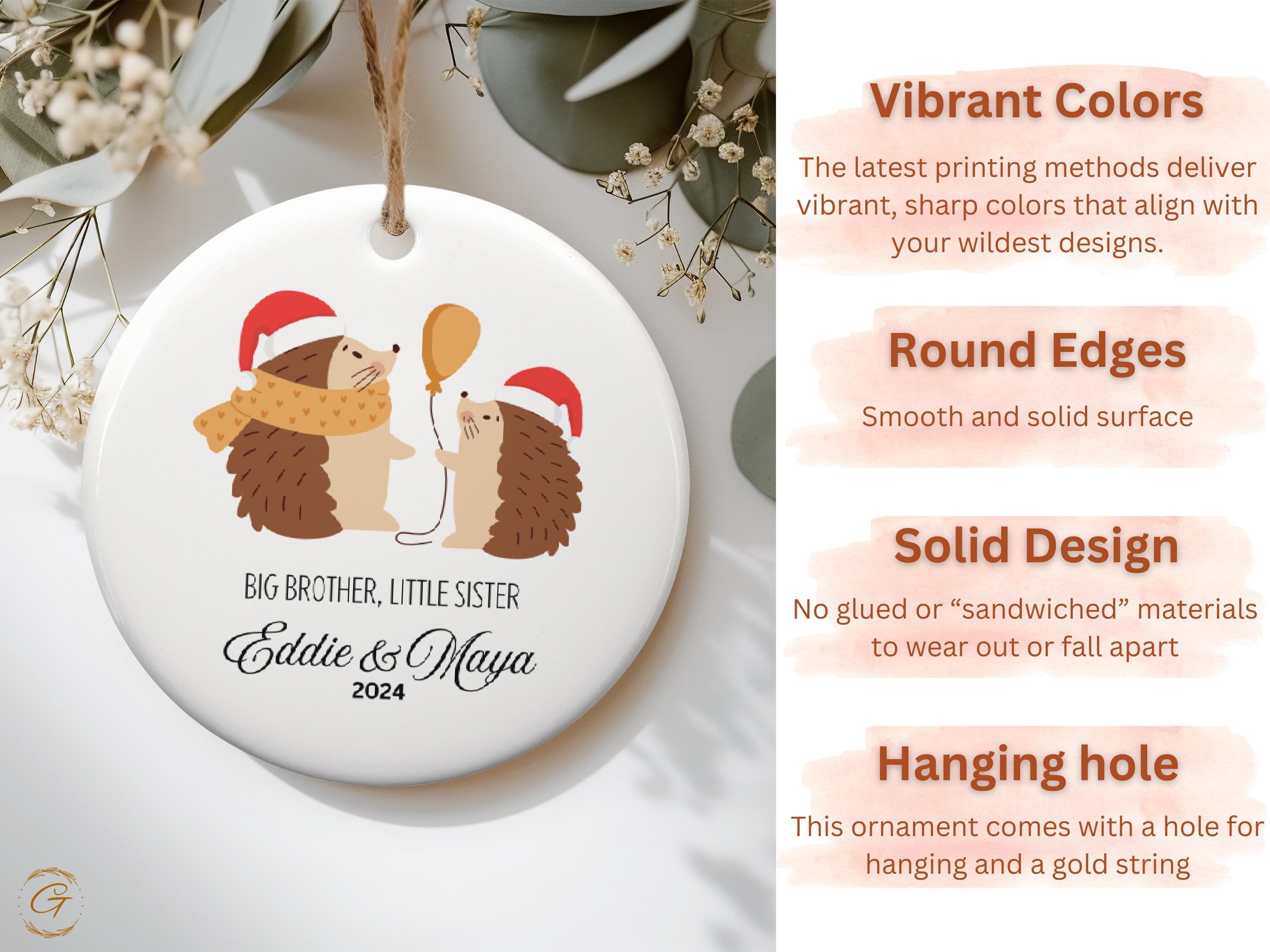 Personalized Siblings Hedgehog Christmas Ornament, Big Brother Little Sister Keepsake, Holiday Gift for Sibling, Custom Cute Family Ornament
