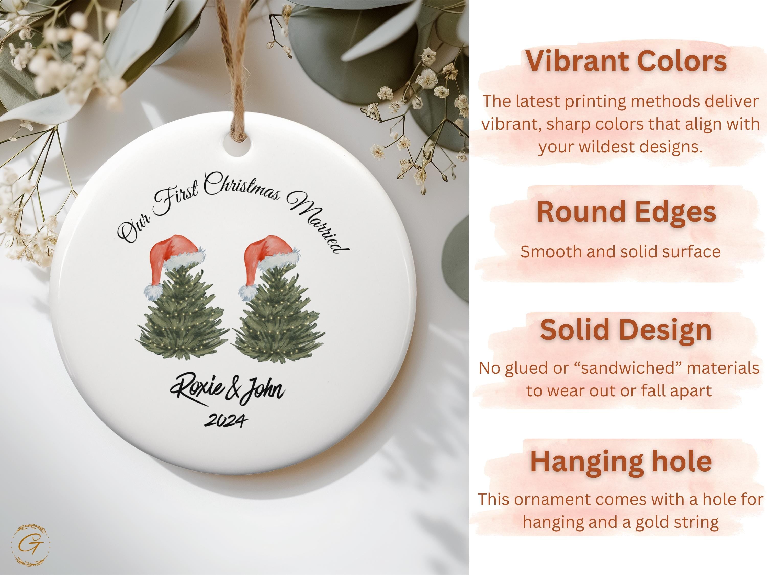 Personalized First Christmas Married Ornament, Anniversary Keepsake Gift, Christmas Tree Design with Santa Hats 24 Edition, Holiday Keepsake