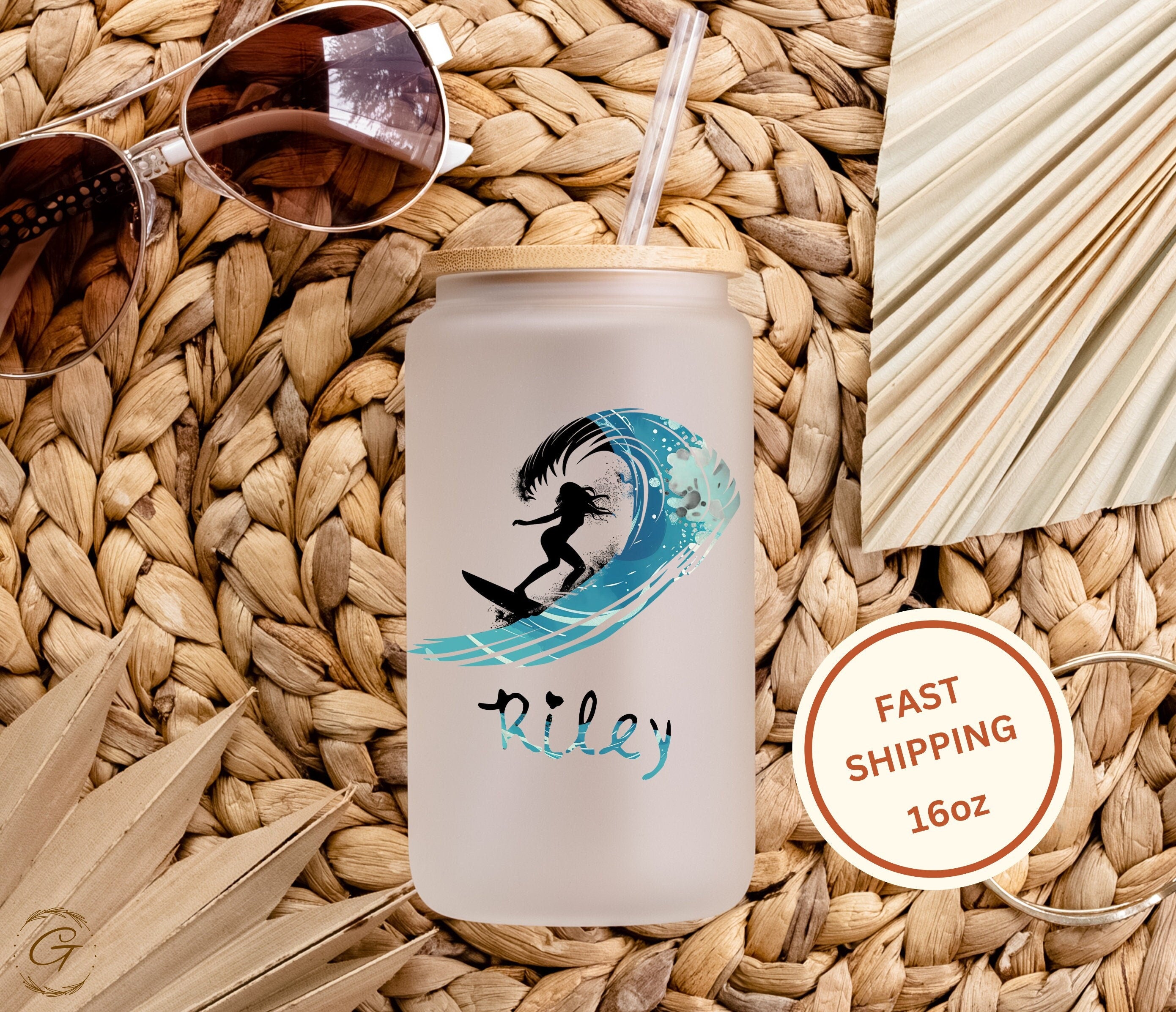 Surfing Silhouette Frosted Glass Cup