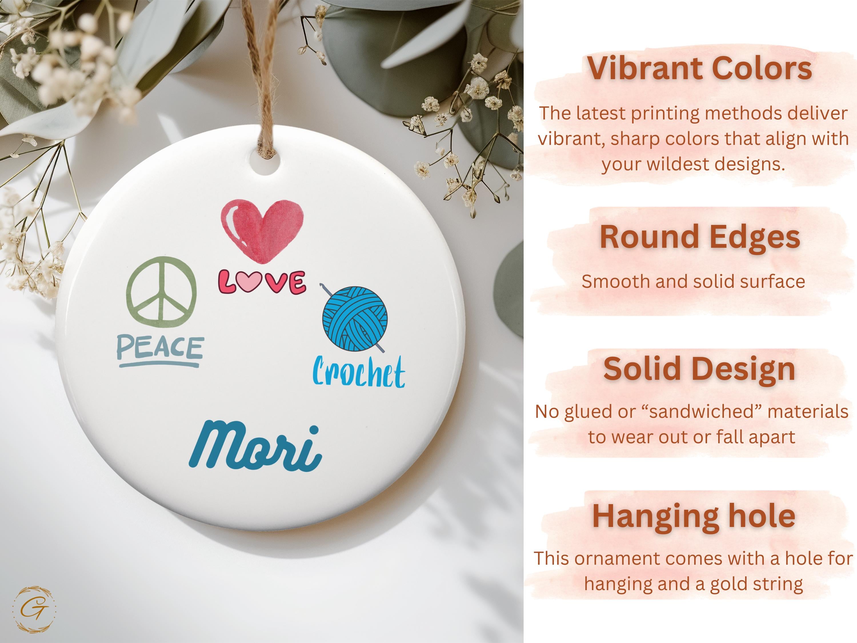 Personalized Peace Love Crochet Hobby Ornament, Cute Heart Crochet Ornament, Peace Symbol Ornament, Personalized Handcrafted Gift
