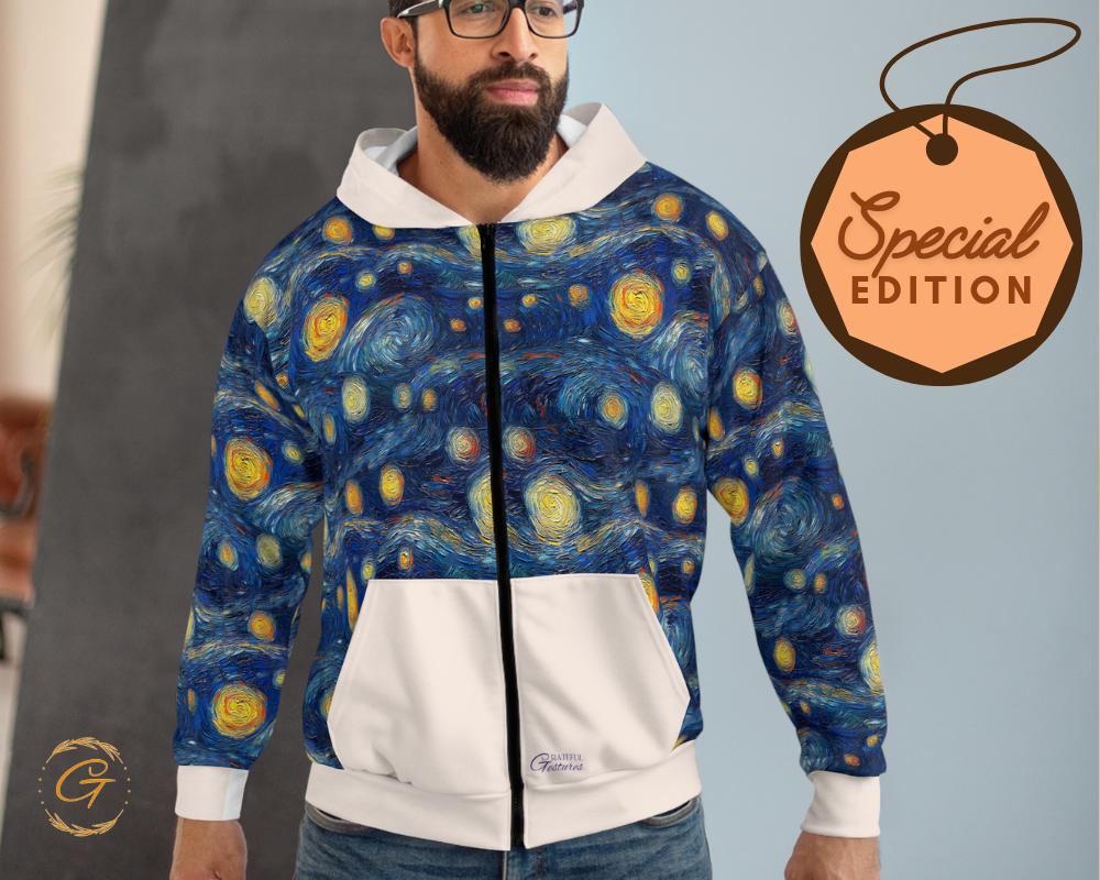 Starry Night White Pocket Design Zip Hoodie All-Over Print