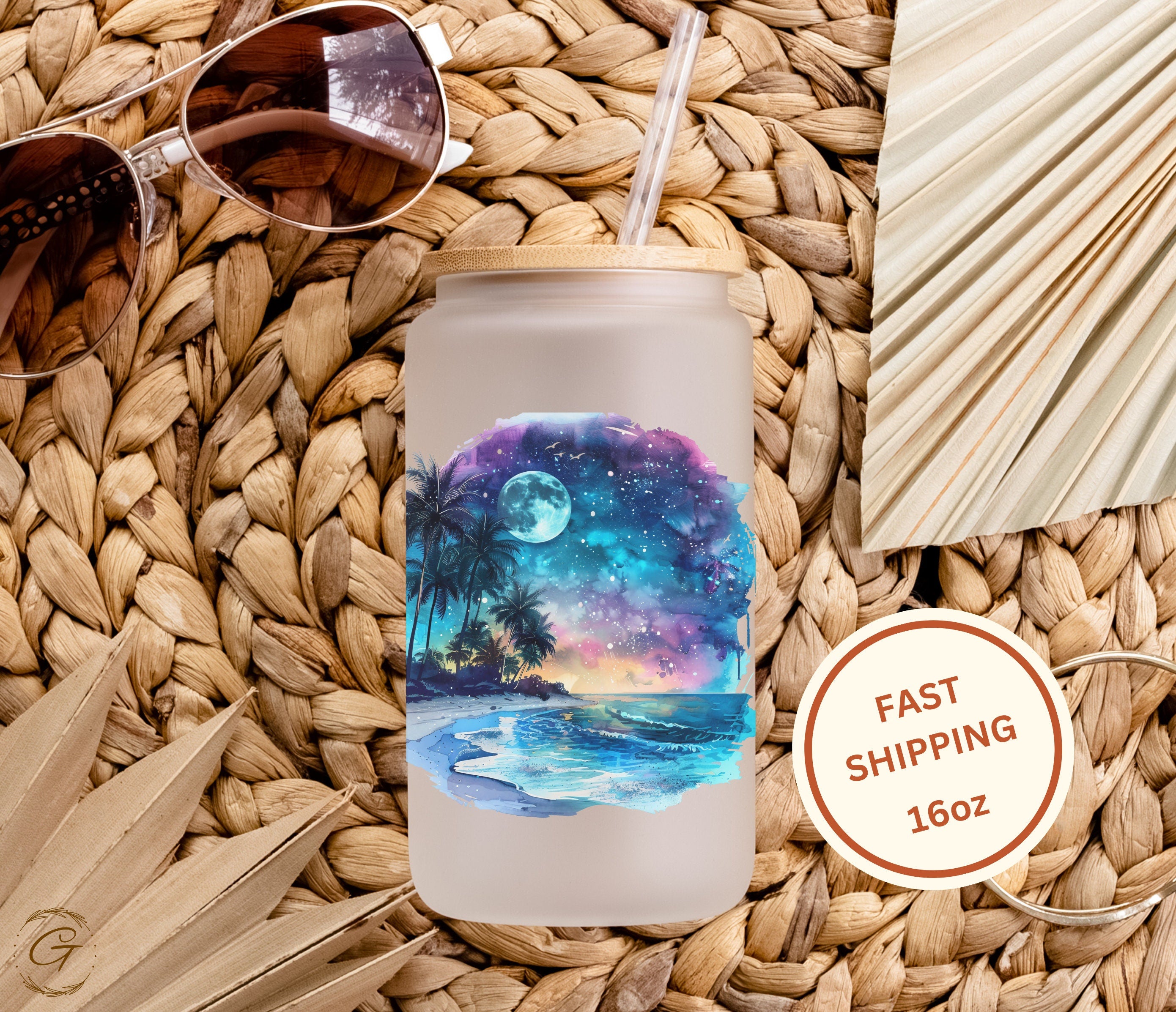 Tropical Night Beach Scene Personalized 16-oz Frosted Glass Cup