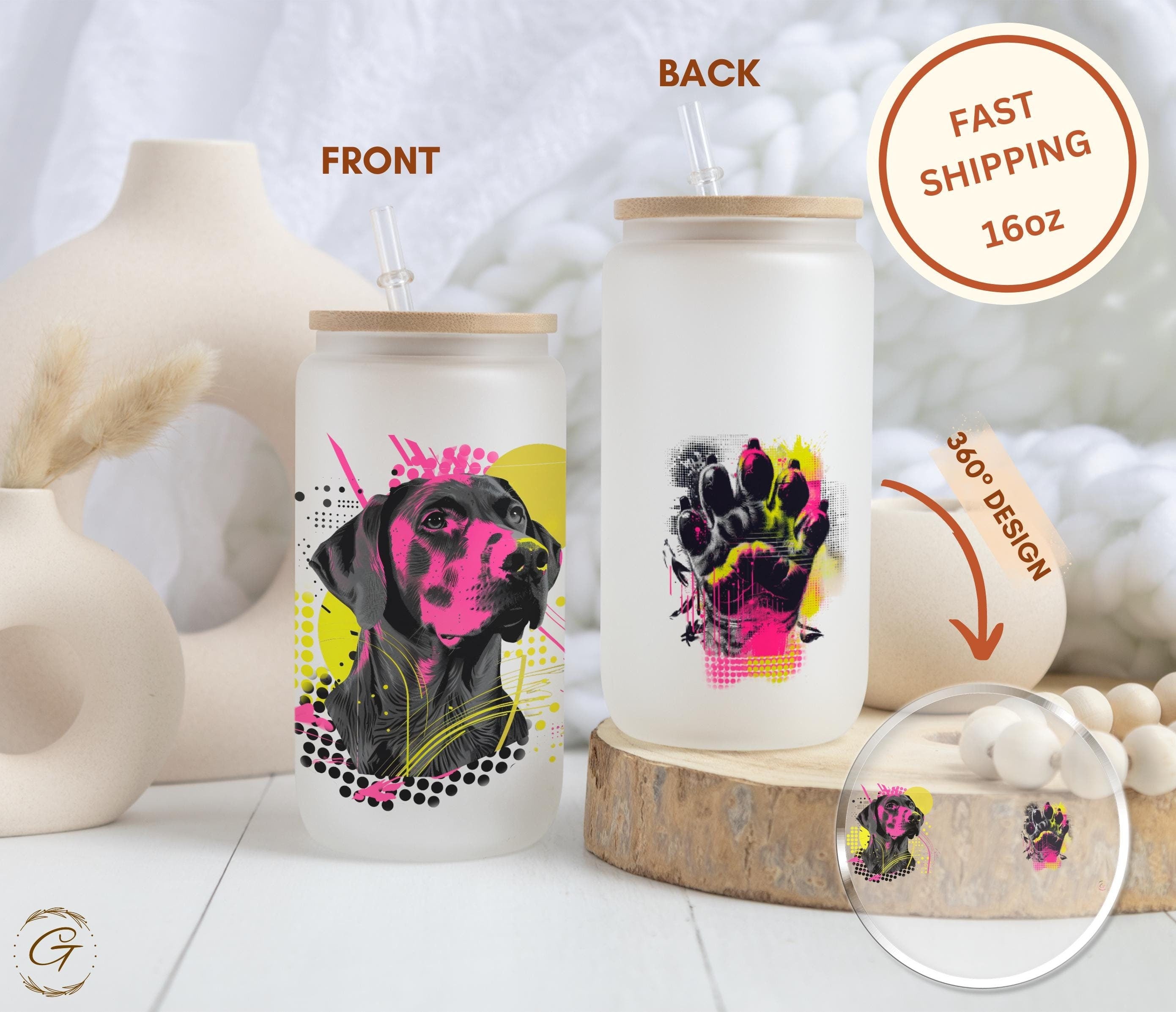 Dog Art Neon Colored Design Frosted Glass Cup
