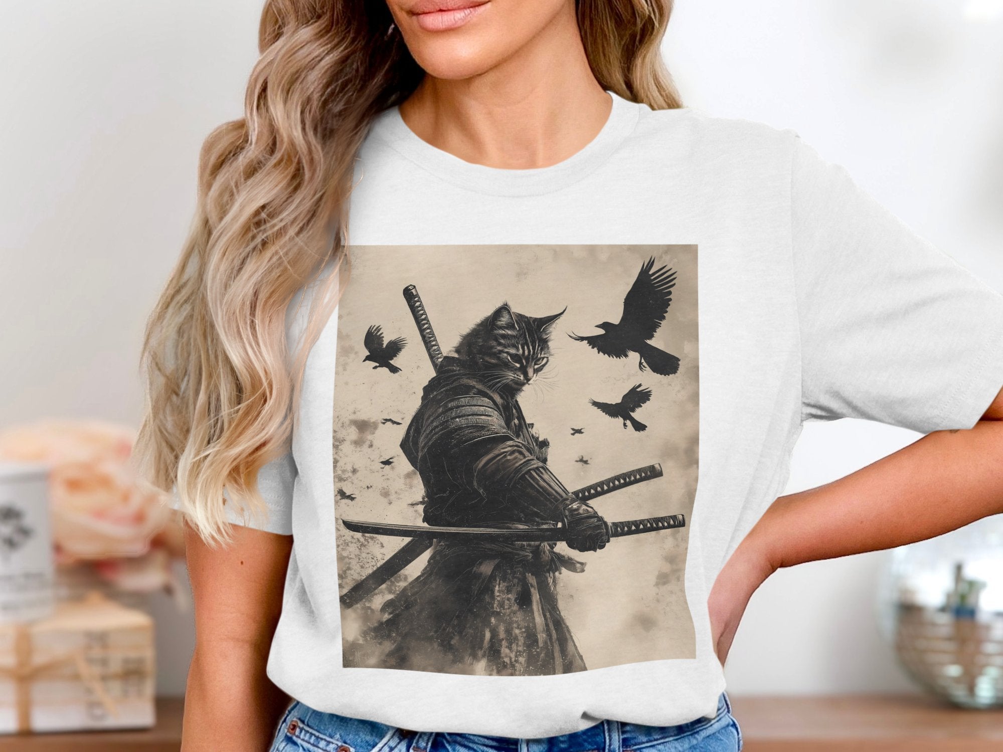 Samurai Cat Graphic T-Shirt with Crow Artwork product