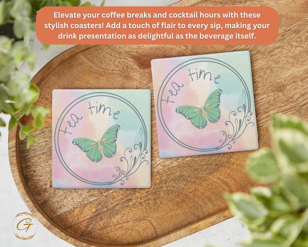 Elegant Square Stone Coasters with Tea Time & Butterfly Design