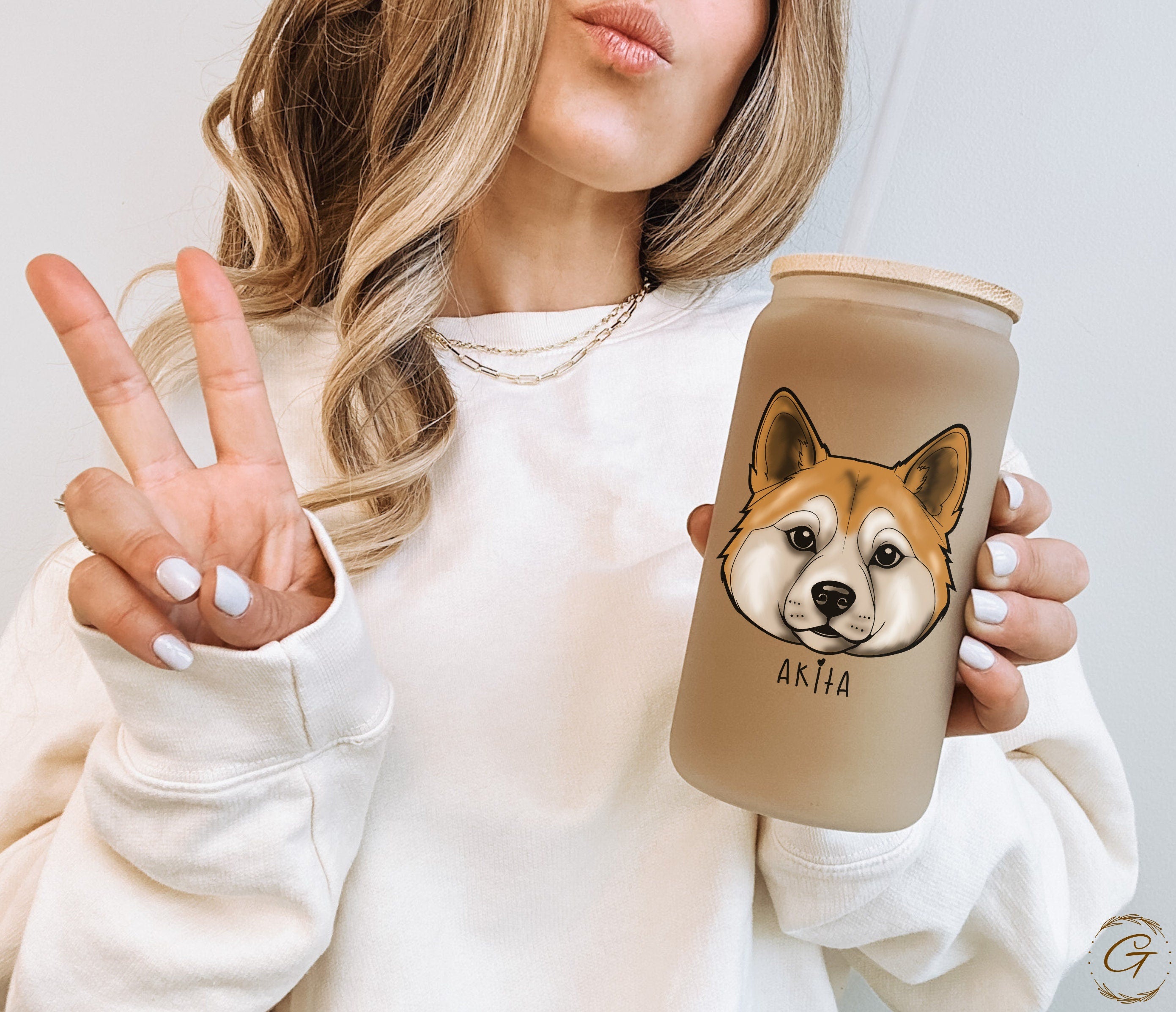 Akita Design Frosted Glass Tumbler with Personalized Name, Unique Dog Lover Gift Customized Drinkware for Dog Lover Gift Pet Lover Drinkware