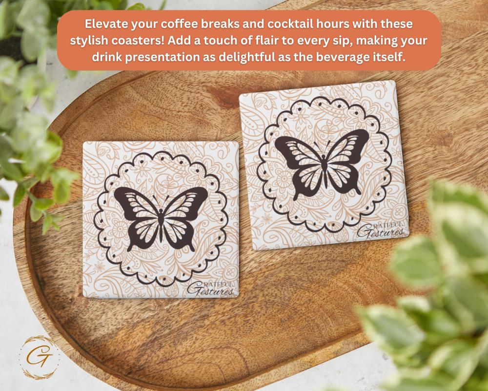 Soapstone Coaster with Butterfly Grateful Gestures Design with Durable Cork Backing, Unique Drink Coasters, Thoughtful Gift for Any Occasion