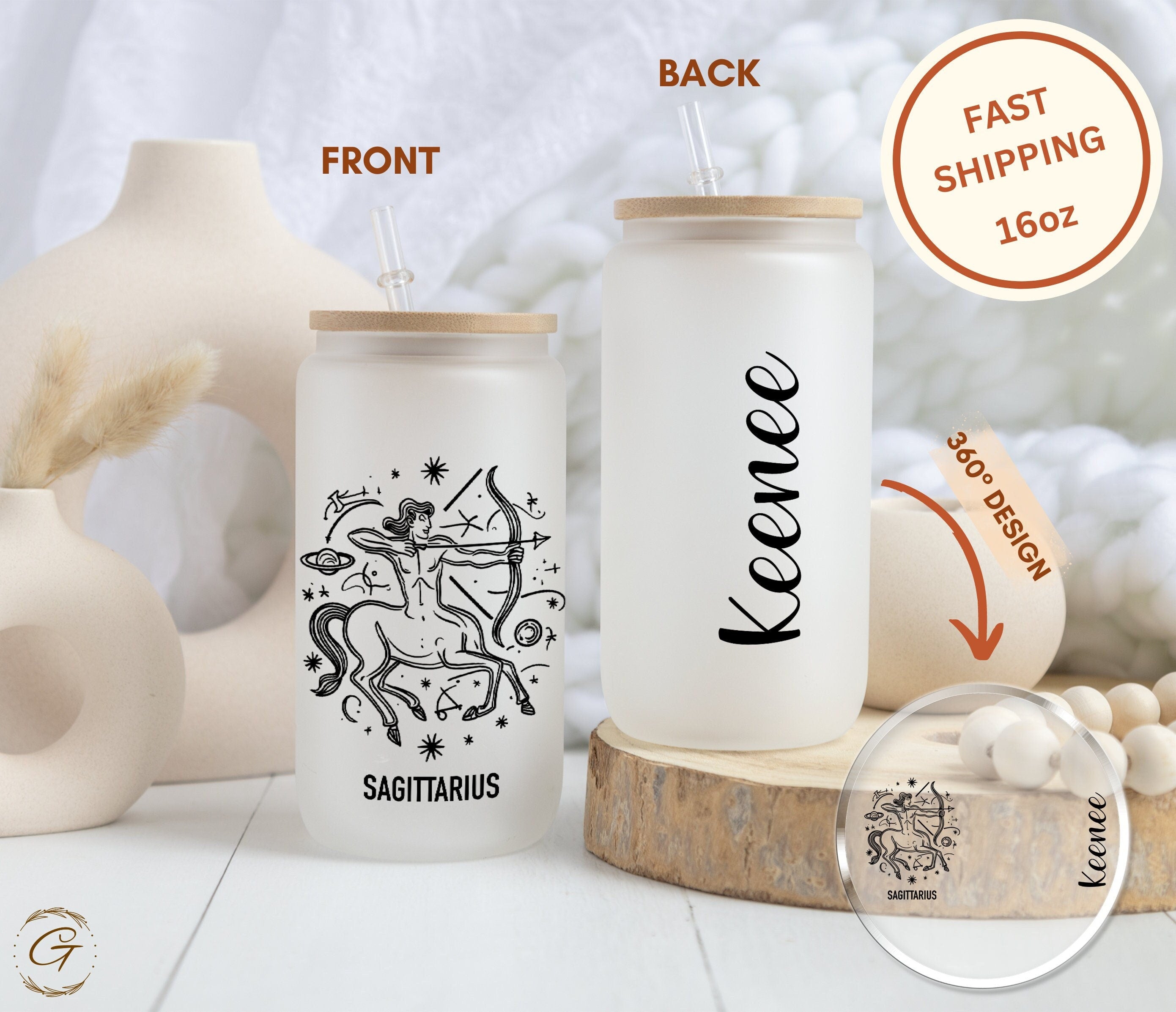 Personalized Sagittarius Zodiac Sign Frosted Libbey Glass Cup