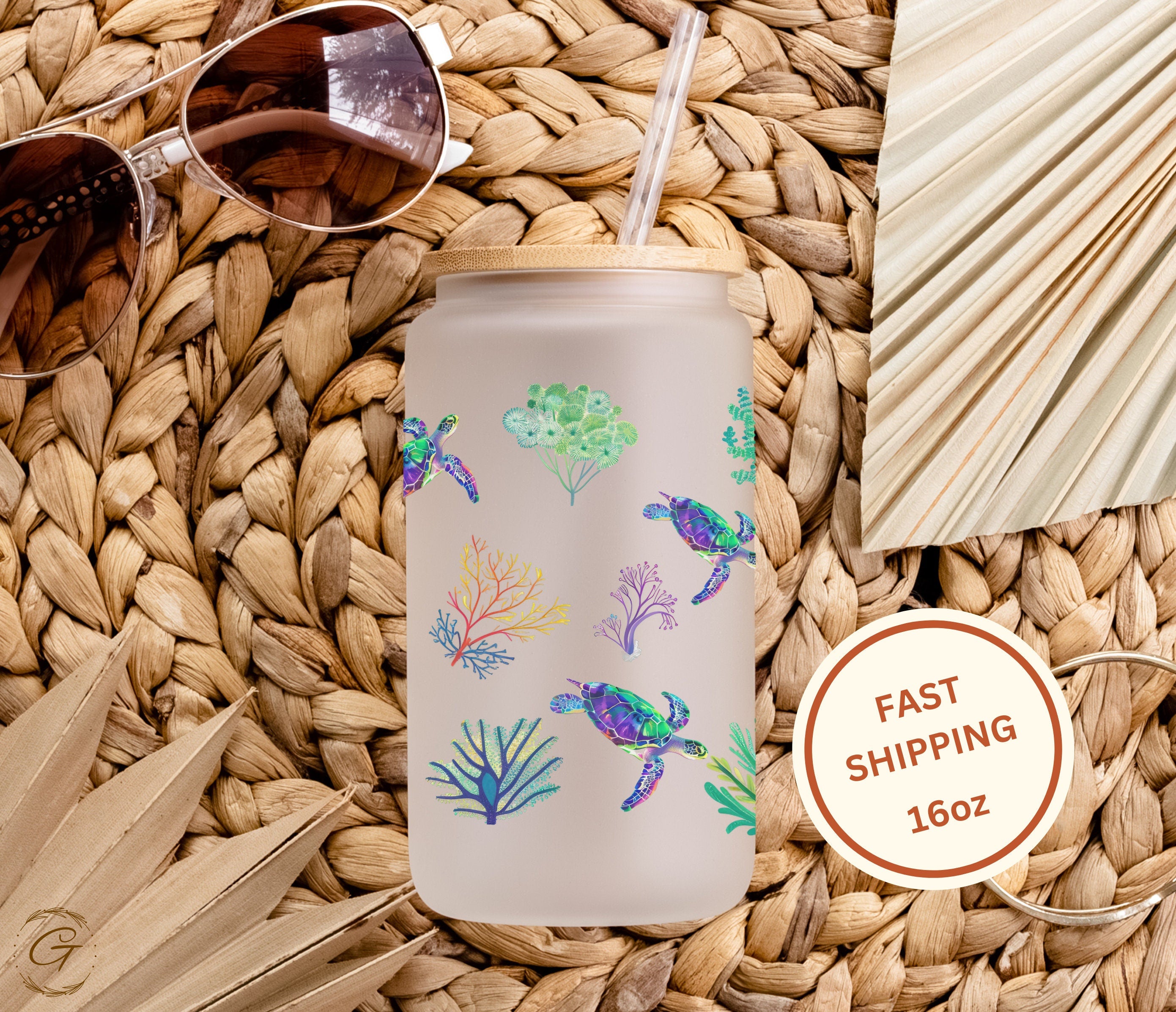 Colorful Turtles and Corals Frosted Glass Tumbler