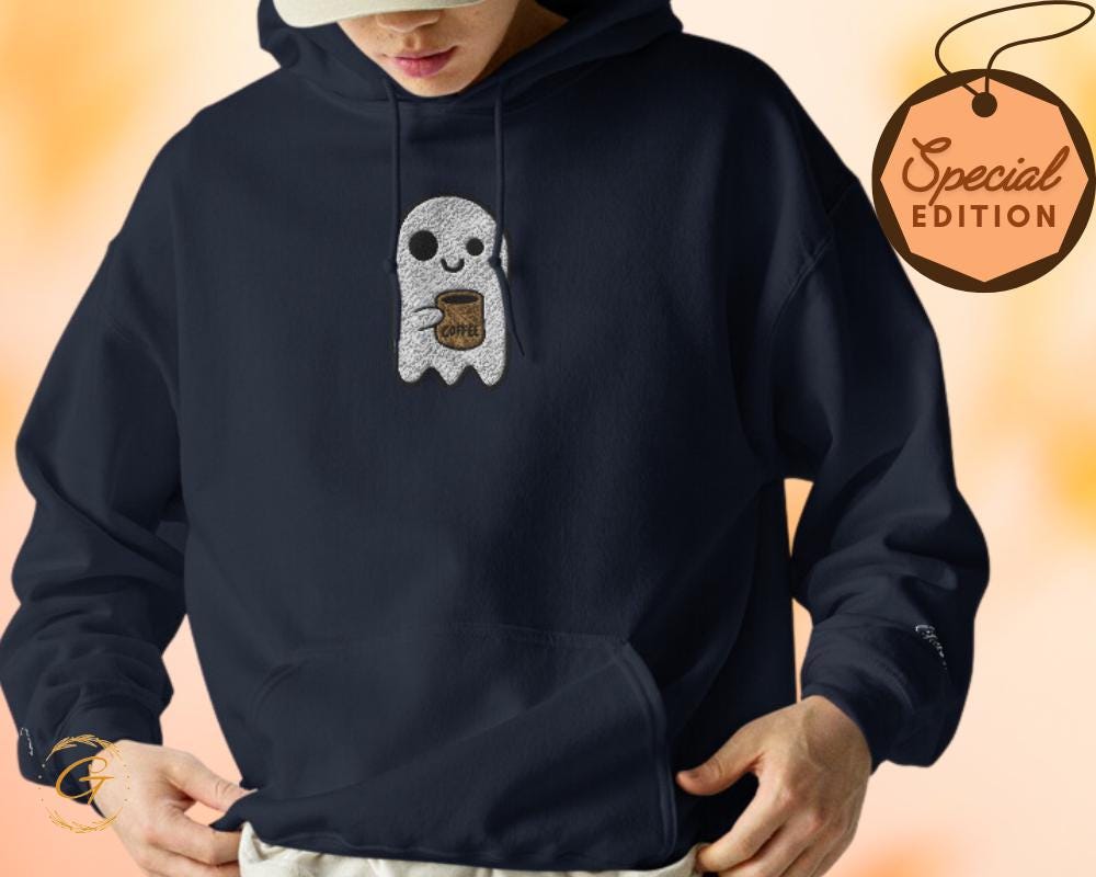 Halloween Hoodie, Embroidery Design Ghost Holding Coffee Mug Hoodie,  Halloween Ghost with Coffee Pullover, Fun Ghost Graphic Hooded Sweater