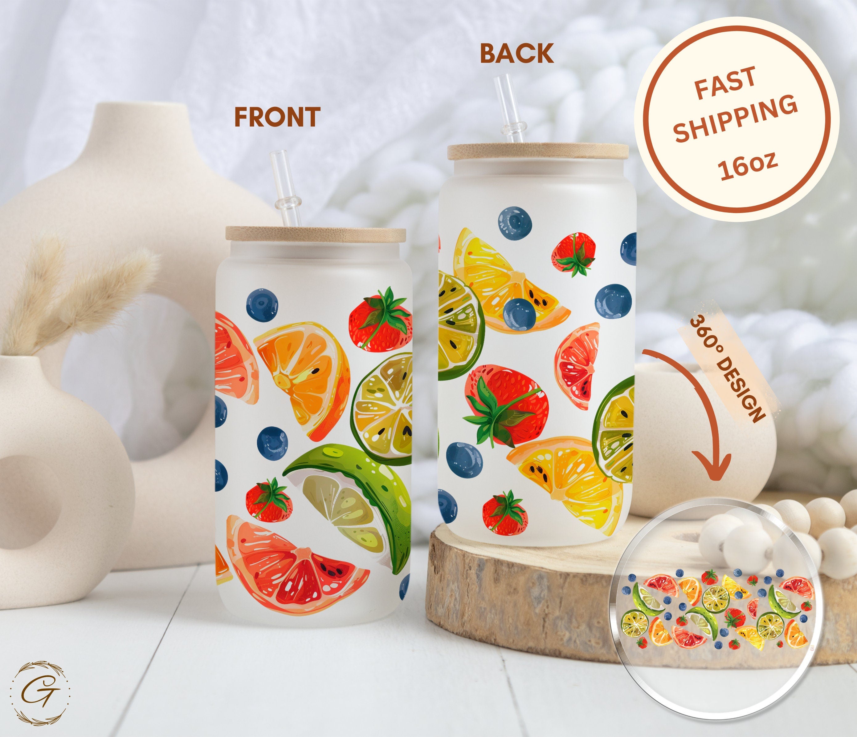 Summer Fruit Slices Frosted Libbey Cup 16oz | Perfect Tropical Gift  | Beach Lover Gifts | Celebrate Summer Vibes with Colorful Fruit Design