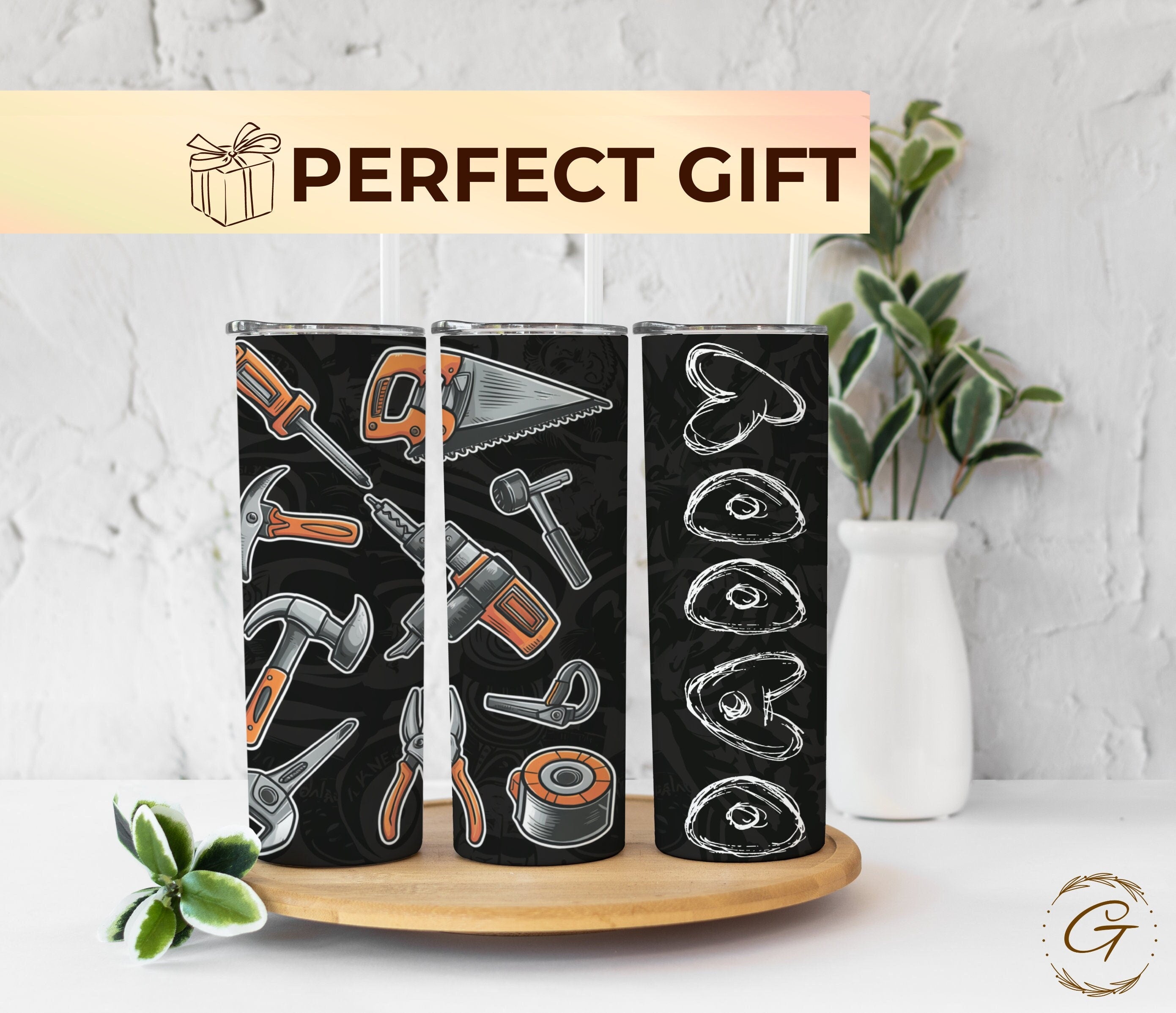 Father's Day Skinny 20oz Tumbler with Hand Tool Icons | Durable Stainless Steel | Perfect Gift for Handy Dads | Hot & Cold Drinks  | Dad DIY