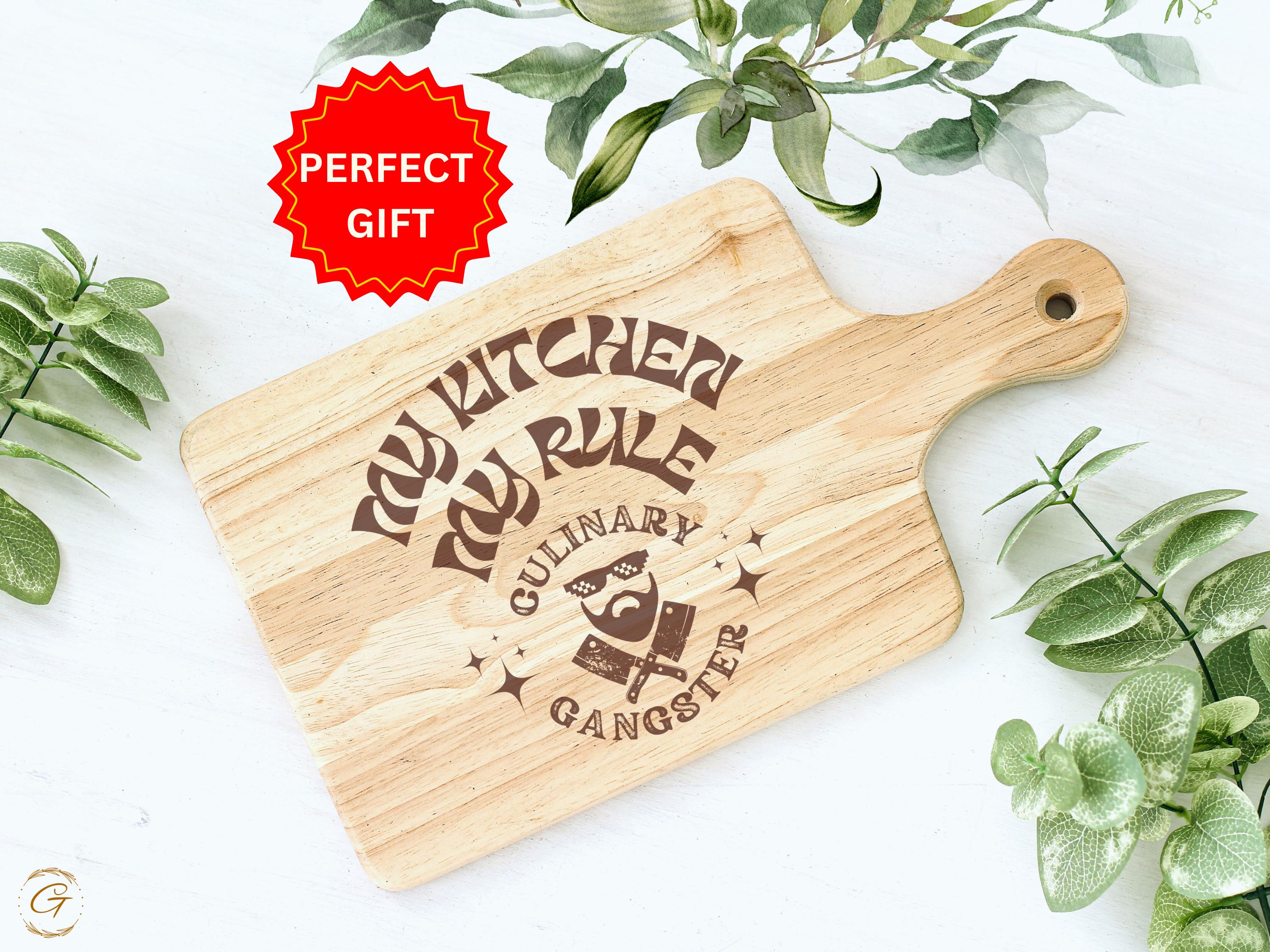 My Kitchen My Rules Hardwood Cutting Board | Culinary Gangster Engraved Board | Rustic American -Made Kitchen Board Gifts | Chef’s Favorites