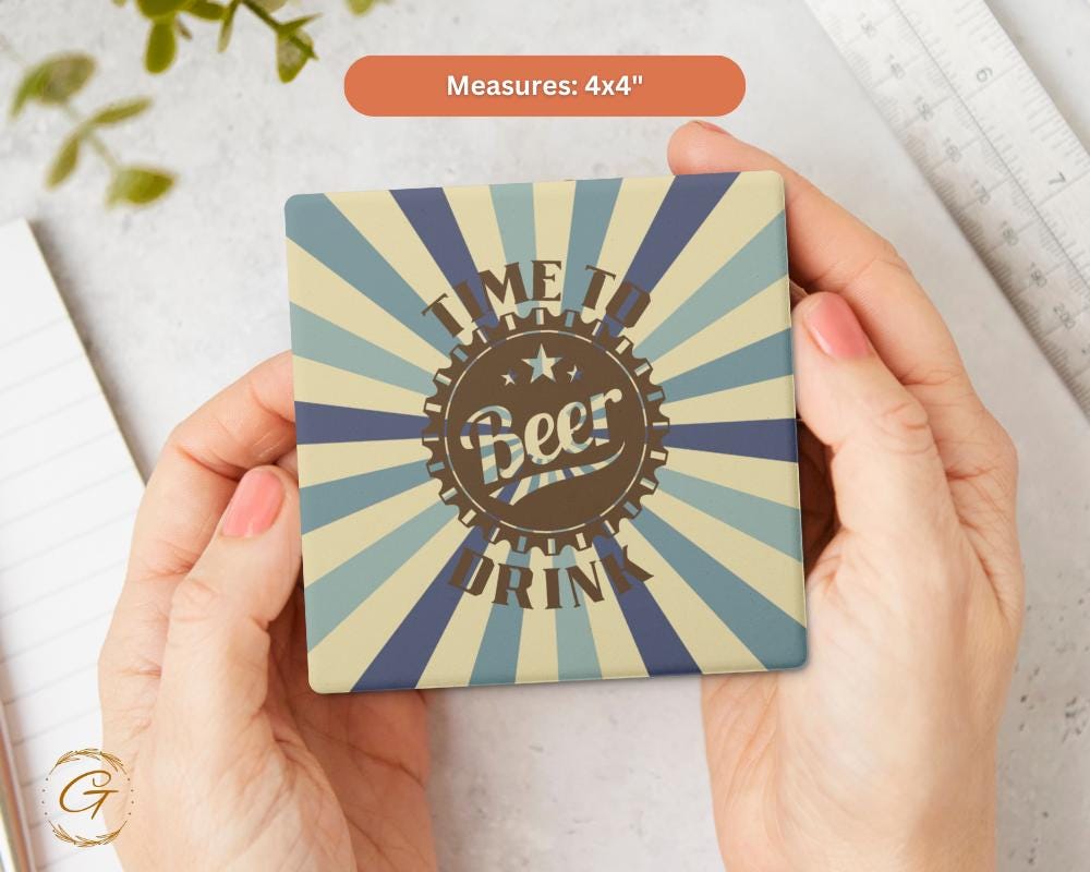 Soapstone Coaster with Time To Drink Beer Retro Design, Unique Cork Backing Cool Bar Coasters, Perfect Gift for Beer Lovers, Drinkware Decor