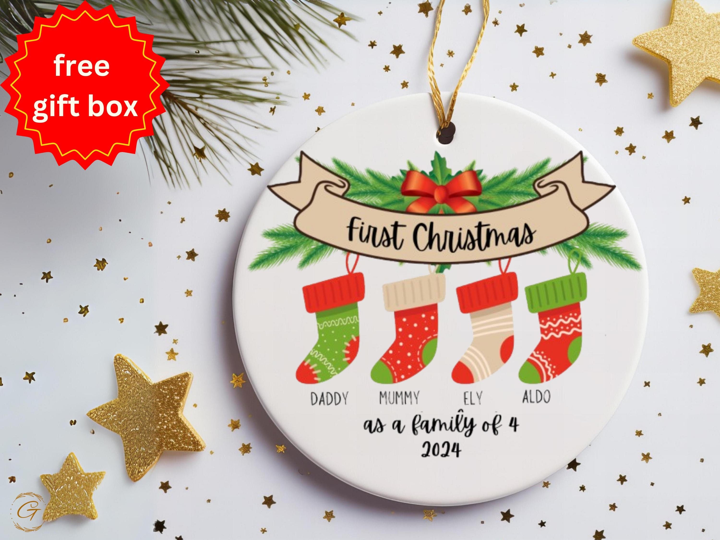 First Christmas Family of 4 Ornament | Personalized Stocking Ornament | Holiday Decor & Christmas Gift 2024 | Unique Gift for Stockings 2024