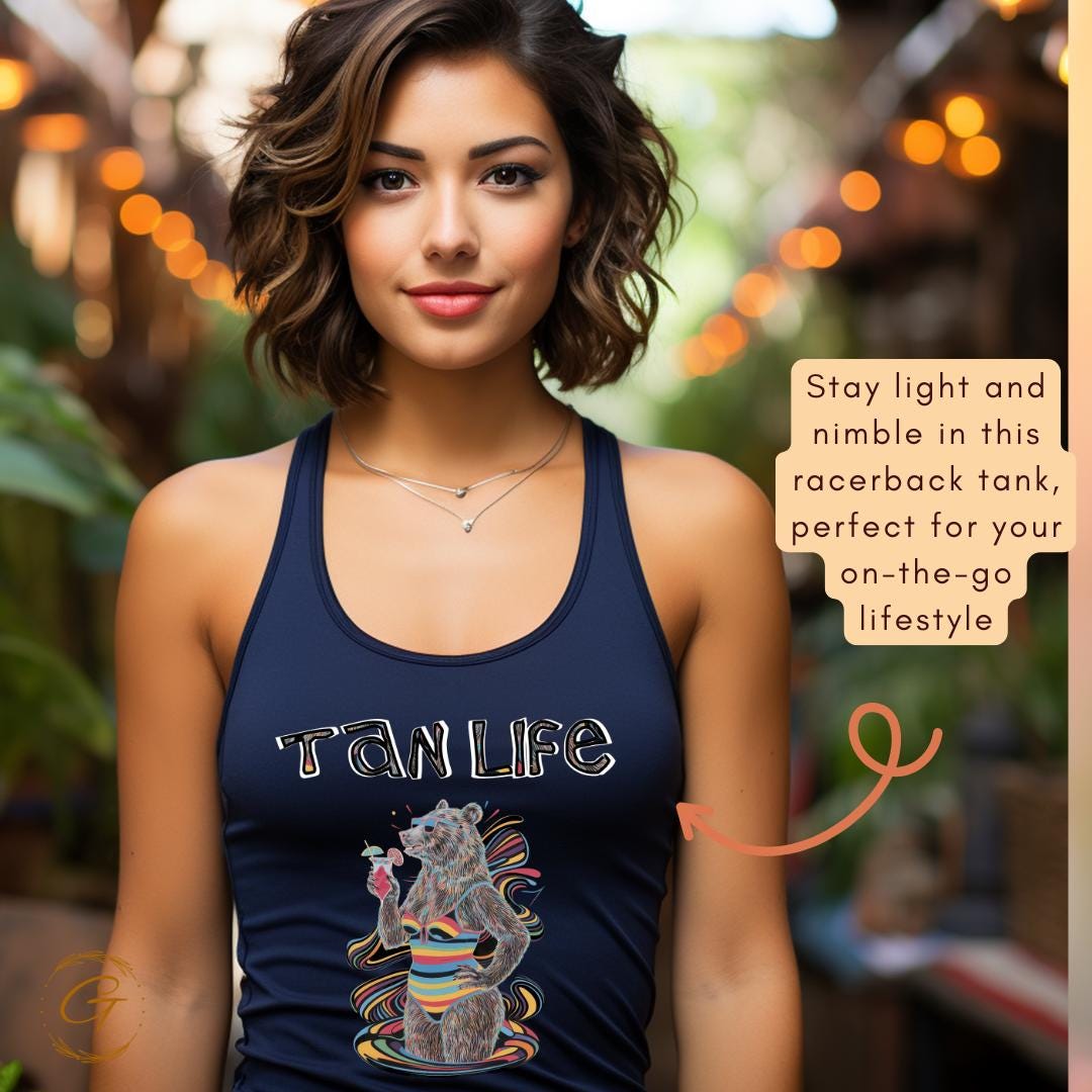 Colorful Tan Life Graphic Racerback Fun Bear in Swimsuit Tank Top