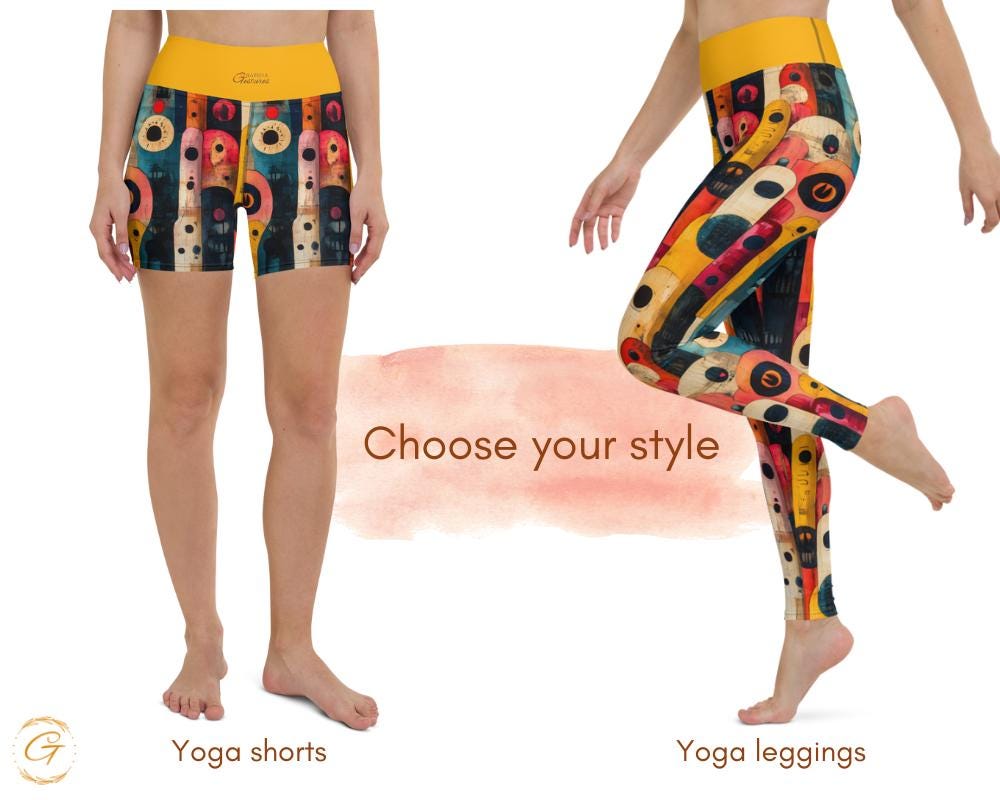 Modern Abstract AOP Yoga Leggings and Shorts | Bold Retro All-Over Print Activewear  | High-Waisted Women’s Fitness Pants and Workout Shorts