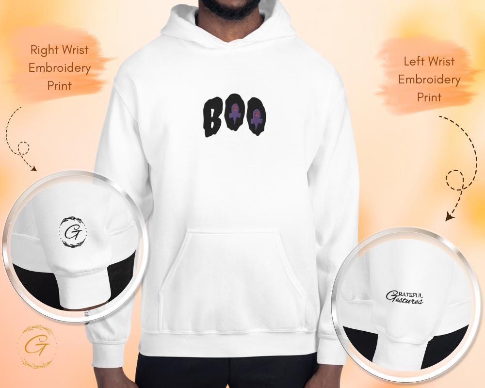 Halloween Boo Hoodie, Embroidery Ghost Design Hooded Pullover Spooky Sweatshirt, Ghostly Hooded Top Halloween Pullover with Hood, Boo Hoodie