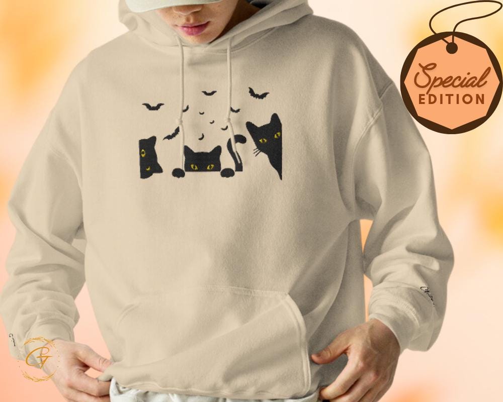 Halloween Hoodie, Embroidery Spooky Cats Hoodie, Bats and Cats Sweatshirt,  Halloween Pullover, Black Cats Hooded Top, Spooky Hooded Sweater