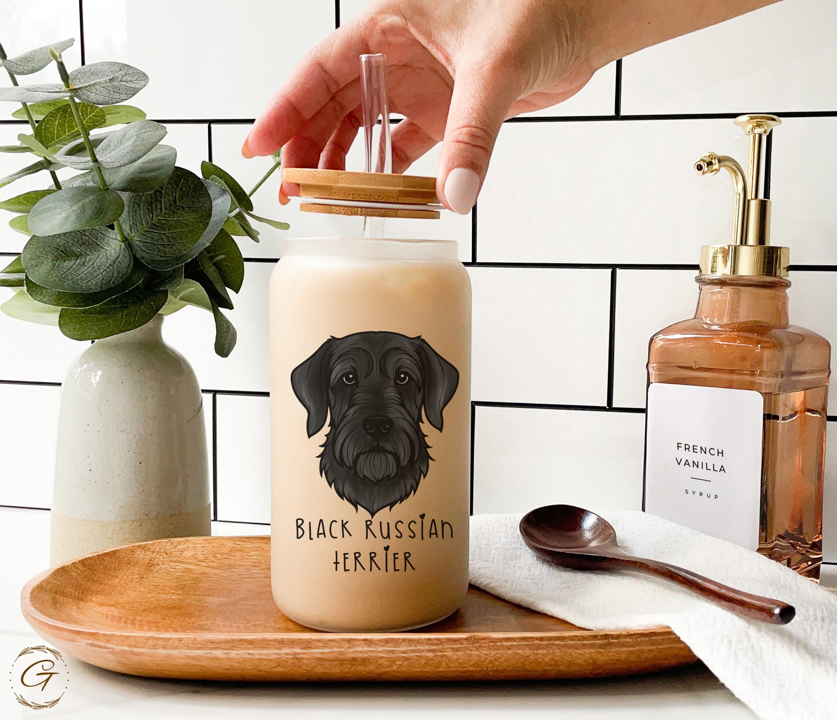 Black Russian Terrier Design Frosted Glass Cup Personalized Dog Breed Coffee Cup