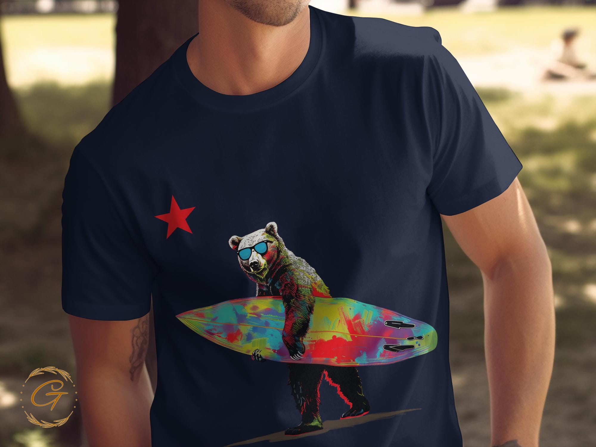 Cool Bear Surfboard Star Design Tee Beach Vibes T-ee