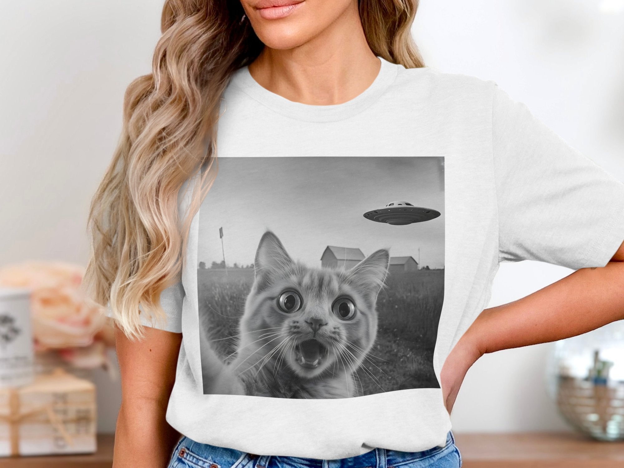 Surprised Cat with UFO Scene Printed T-Shirt product type