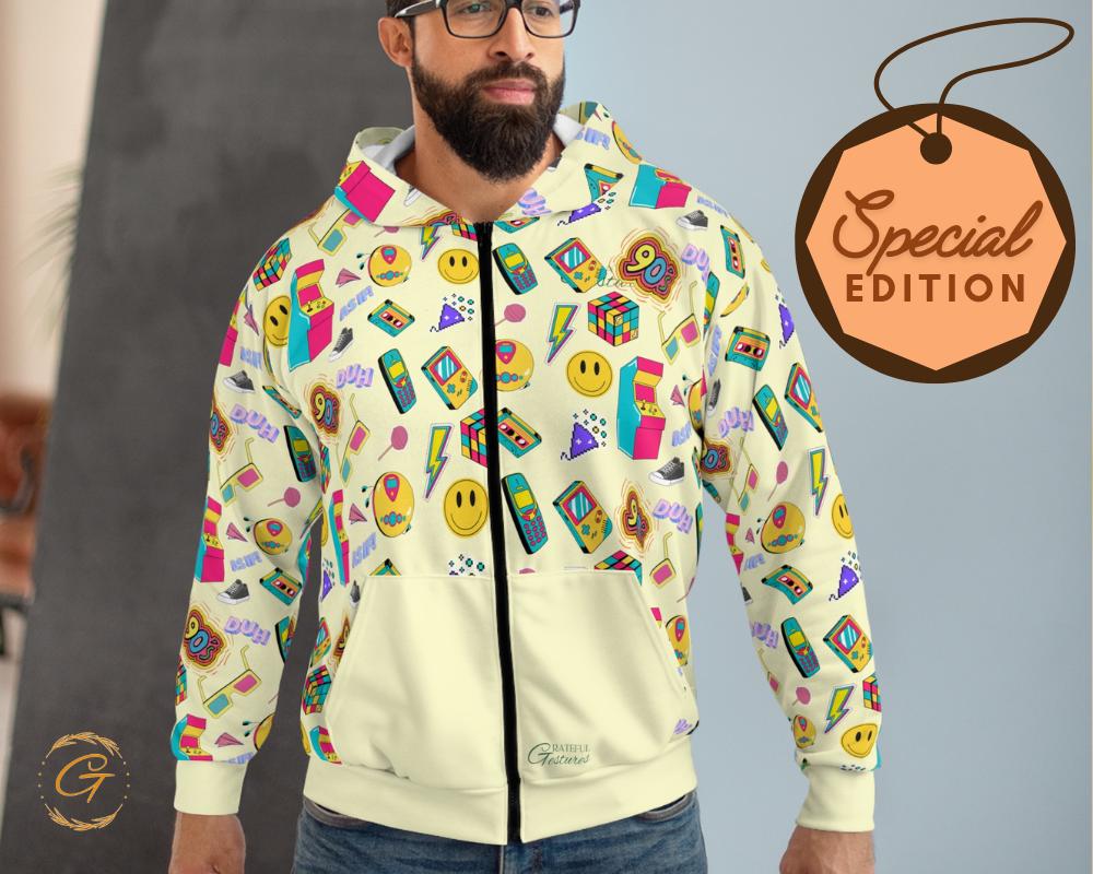 90s Nostalgia Unisex Zip Hoodie AOP, Retro Throwback Hoodie