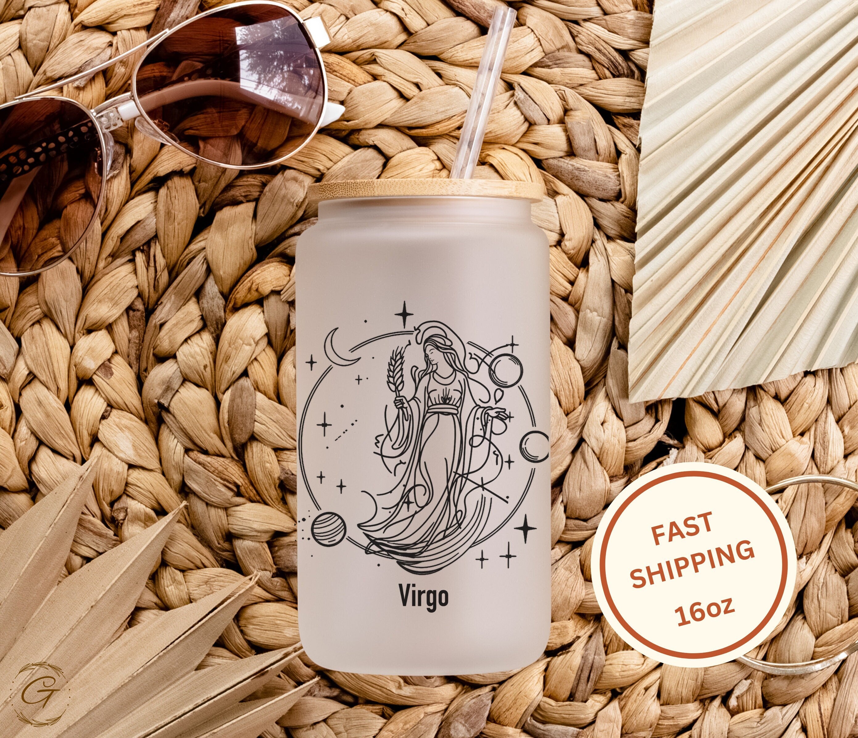Virgo Zodiac Sign Frosted Glass Cup, Personalized Astrology Gift Coffee Cup