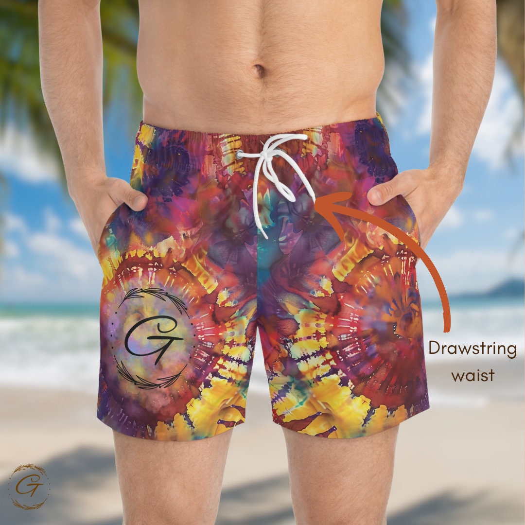 Colorful Tie Dye Swim Trunks, AOP Design,  Perfect for Summer, Unique Vibrant Tie Dye Beachwear,  Fun Summer Swimwear, Gift for Beach Lovers