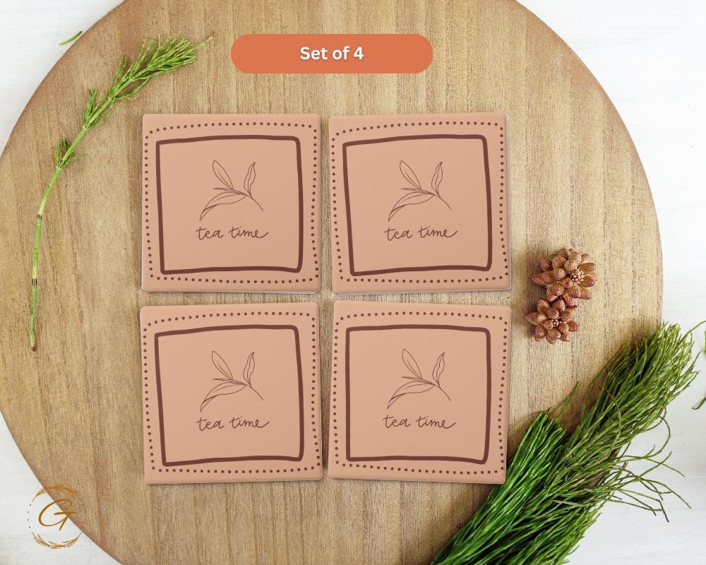 Soapstone Coaster Tea Time Brown Square Design with Cork Backing Unique Tea Lovers Gift,Functional Home Decor Stylish Table's Drink Coaster