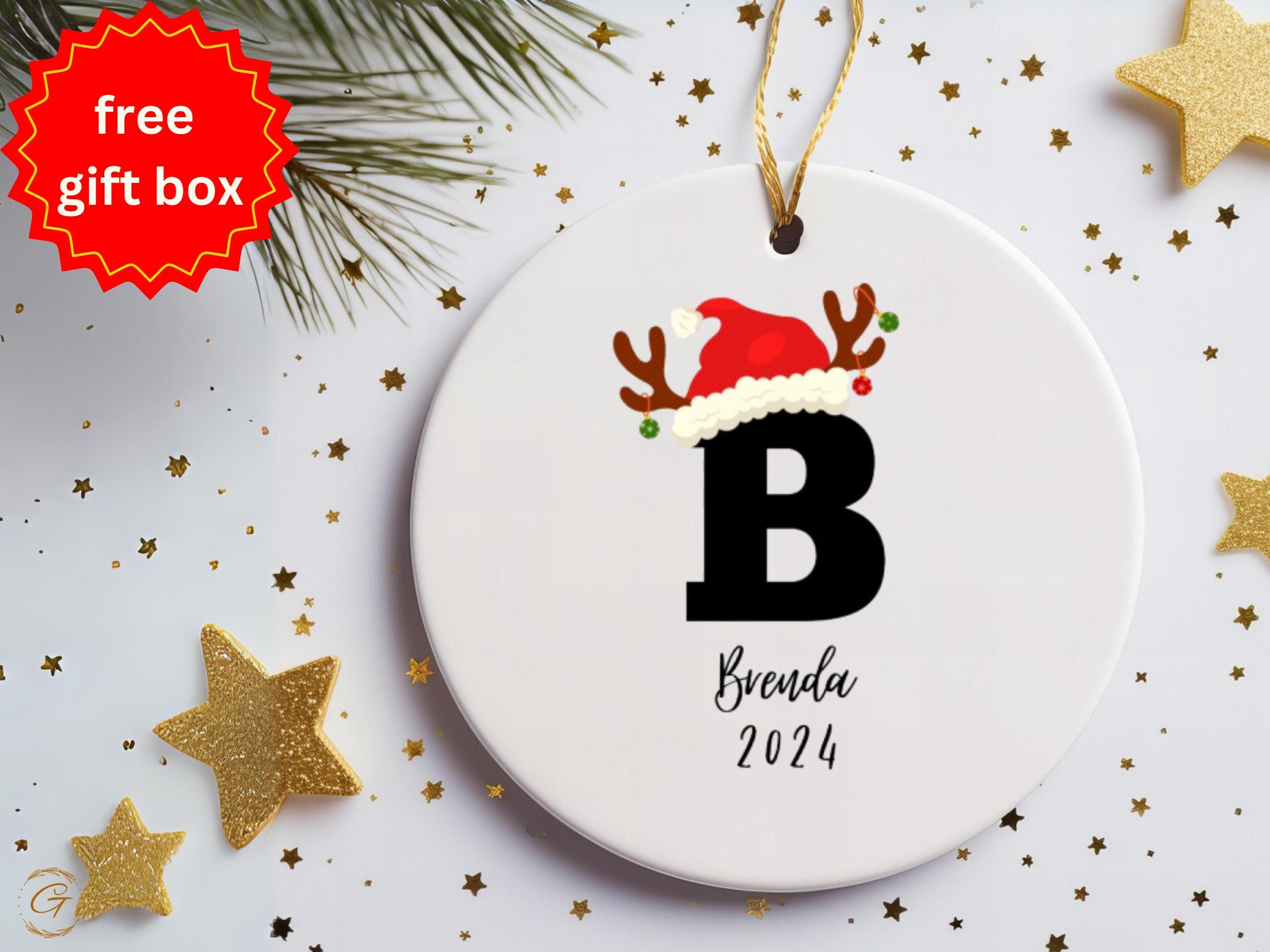 Festive Christmas Initial Name Ornament Santa Hat and Reindeer, Holiday Decoration Keepsake, Merry Christmas Celebration, Holiday Gift Ideas